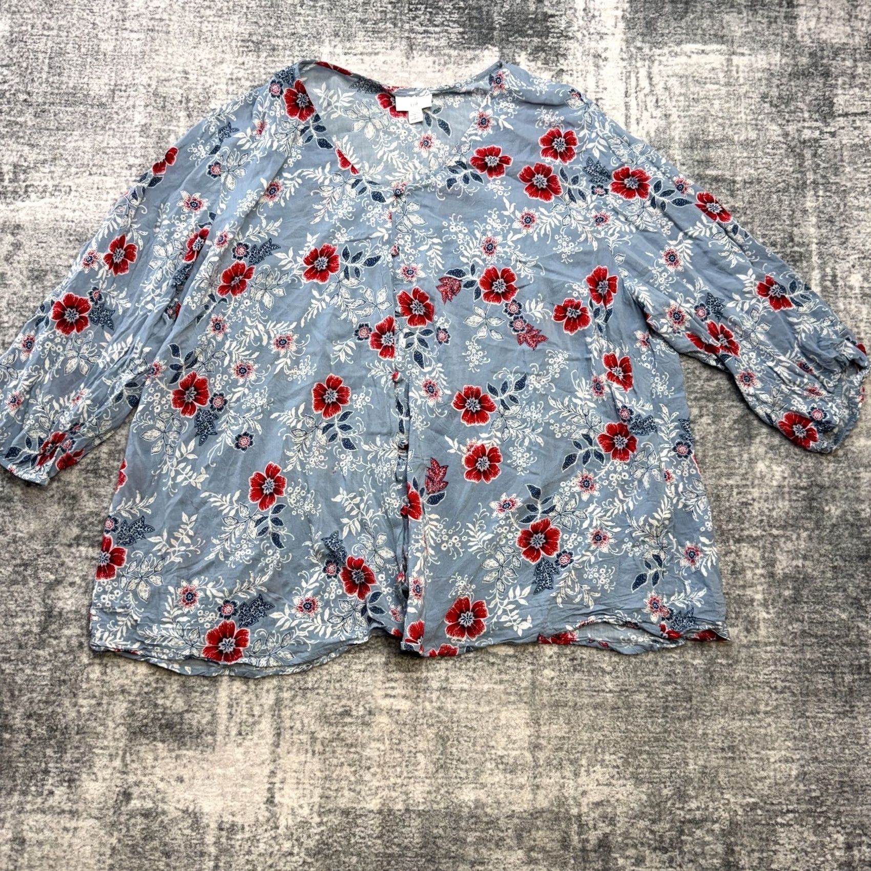 J. Jill J. Jill Blouse Women's 3X Blue Floral Rayon Button Front Scoop Neck 3/4 Sleeve Casual Top Size XXL / US 16-18 / IT 52-54 - 2 Thumbnail