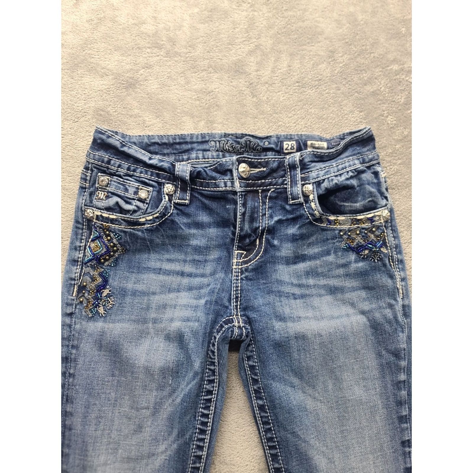 Miss Me Miss Me Jeans Womens 28x32 Regular Fit Boot Cut Mid Rise Aztec Distressed Denim Size 28" / US 6 / IT 42 - 3 Thumbnail