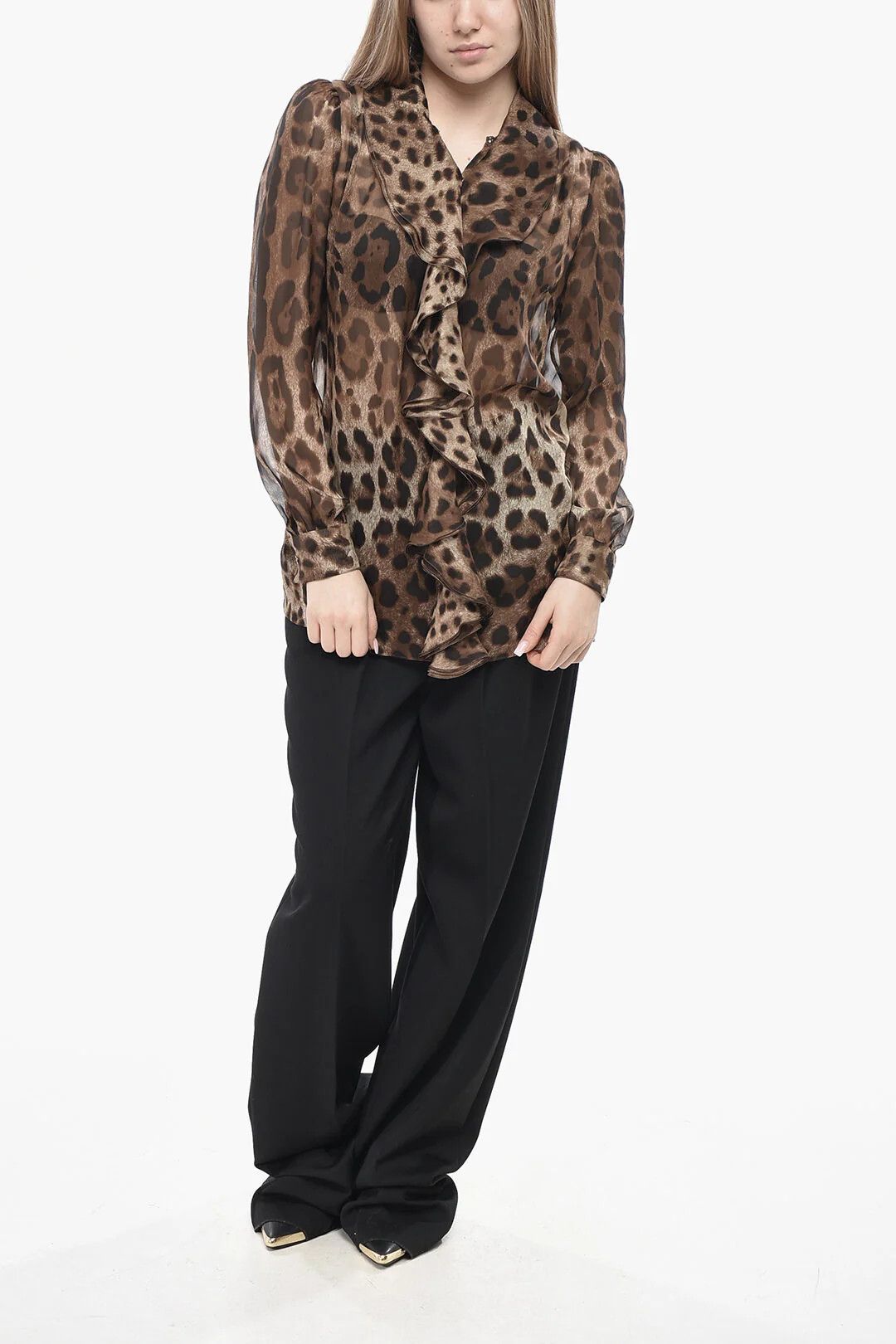 Dolce & Gabbana og1mm0426 Silk Ruffle-Front Blouse in Brown Size XS / US 0-2 / IT 36-38 - 4 Thumbnail