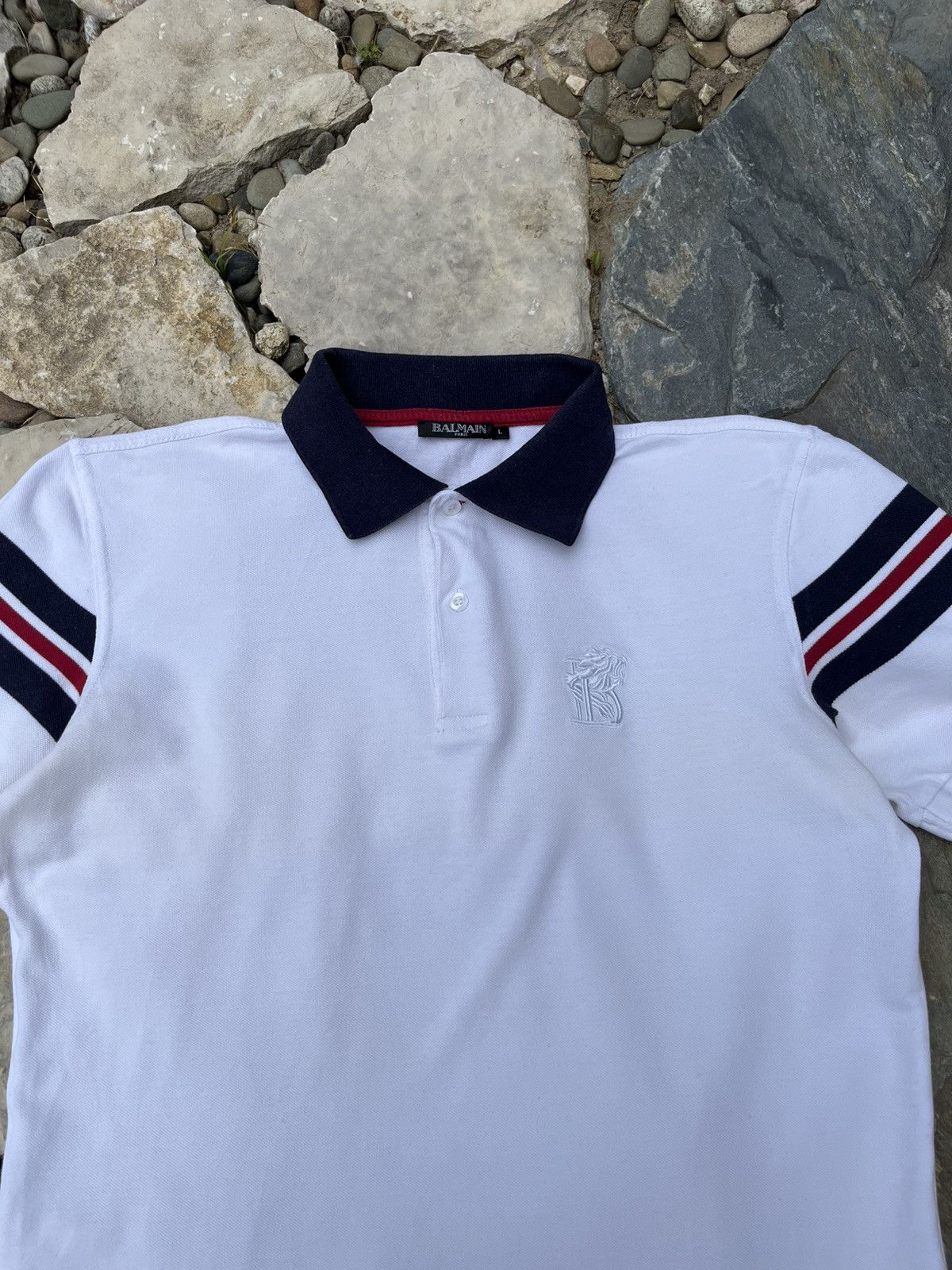 Balmain × Designer Balmain chest logo polo t-shirt tee with striped sleeves Size US L / EU 52-54 / 3 - 3 Thumbnail