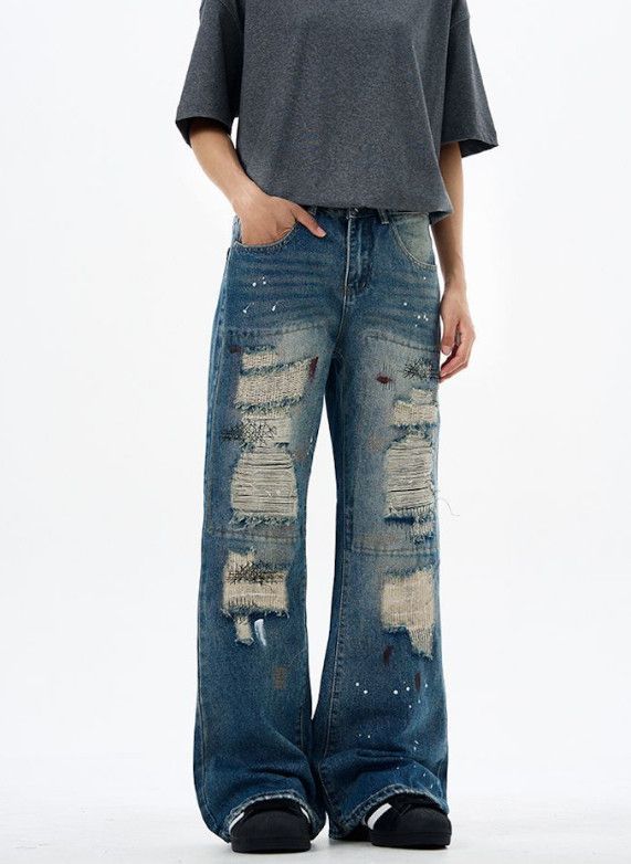 Vintage Ripped ink-splashed American street baggy loose jeans Size US 32 / EU 48 - 3 Thumbnail