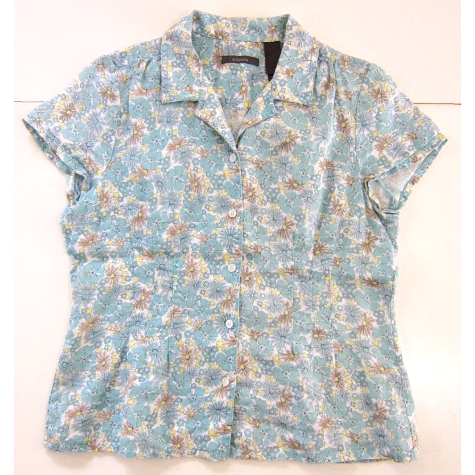 Liz Claiborne Liz Claiborne Blouse Shirt 10 Womens Short Sleeve Green Floral 100% Linen Button Down Size L / US 10 / IT 46 - 2 Thumbnail