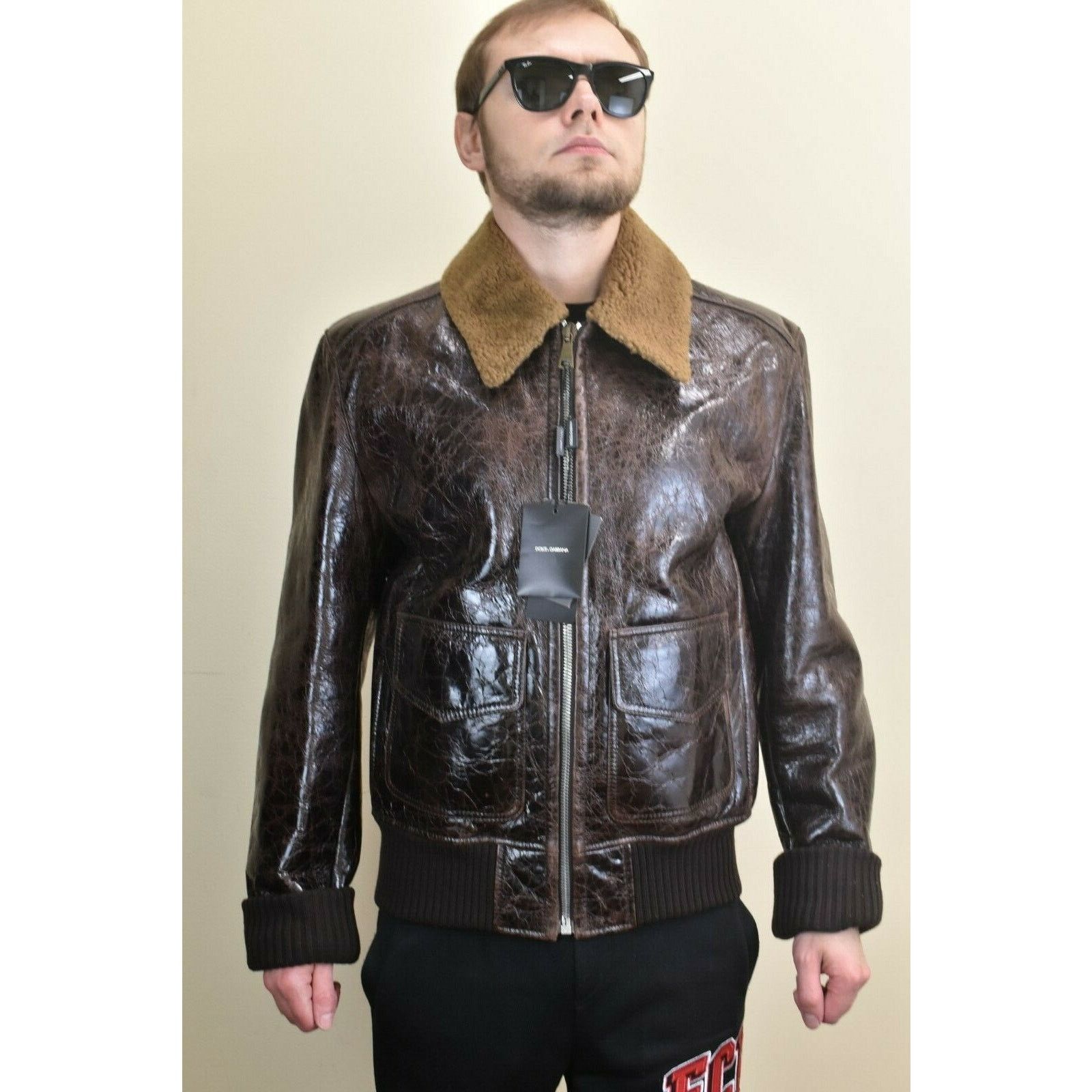 Dolce & Gabbana DOLCE GABBANA BROWN LEATHER BOMBER SHEARLING JACKET 54 44 Size US L / EU 52-54 / 3 - 6 Thumbnail