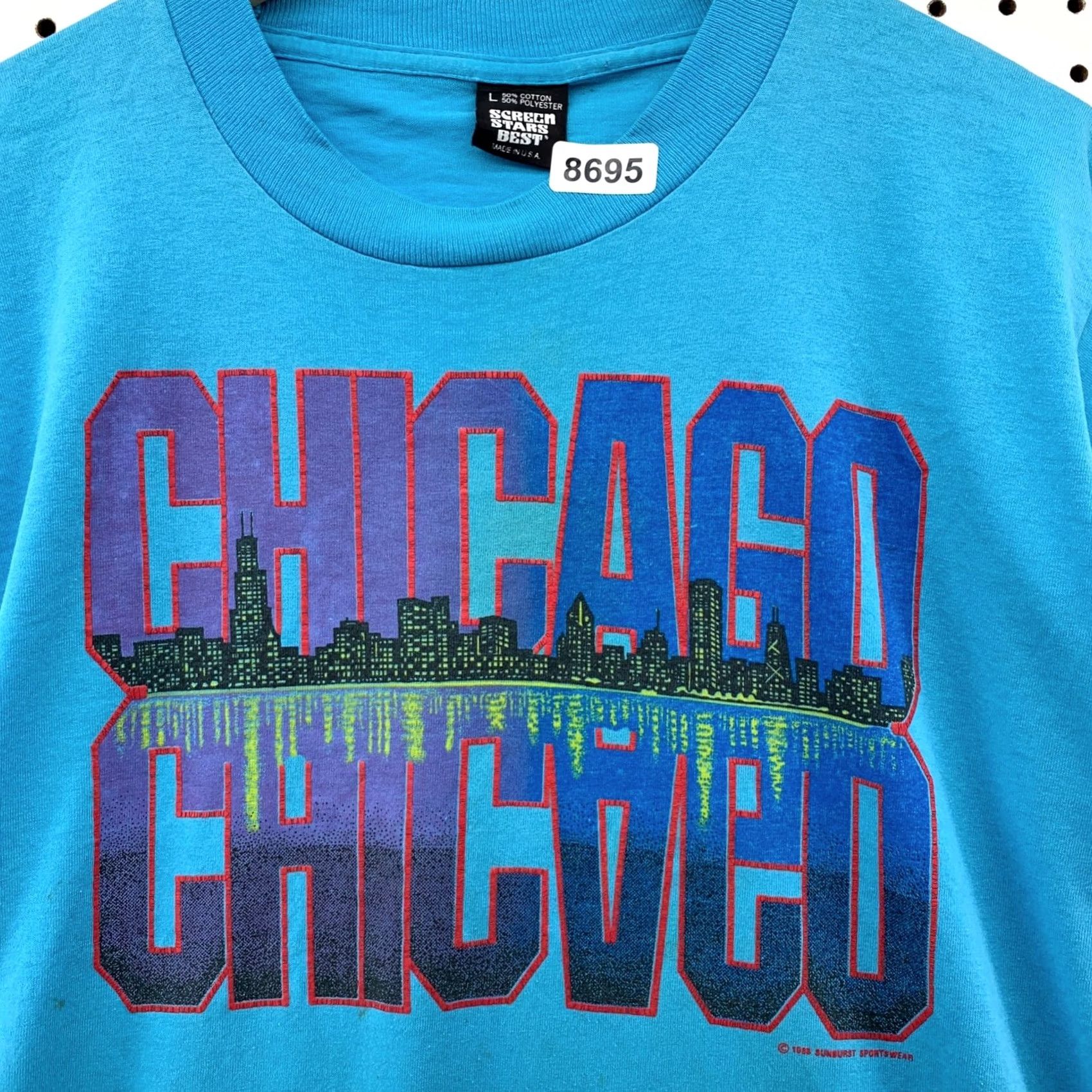 Vintage VINTAGE Chicago Skyline Shirt Blue Large Mens 80s 90s Single Stitch Crew Neck Short Sleeve USA Screen Stars T-Shirt Size US L / EU 52-54 / 3 - 7 Thumbnail