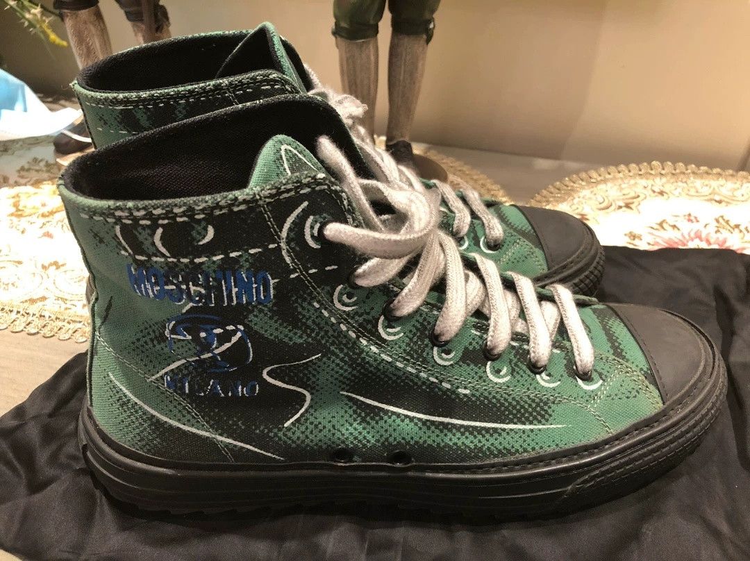 Moschino Moschino Green Printed Canvas High-Top Sneakers Size US 8 / EU 41 - 3 Thumbnail