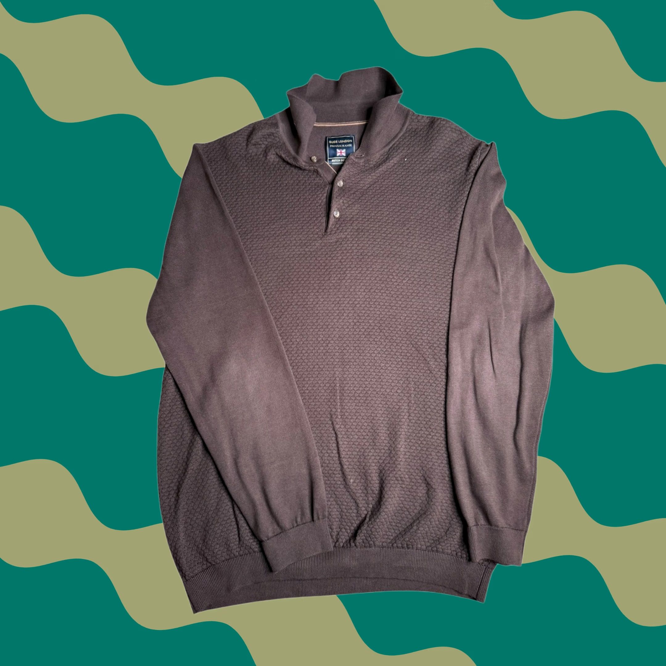 Vintage Guide London Premium Range Polo Shirt Knit Textured Brown XL Men Shirt Geometric 100% Cotton Collared Button Down Breathable Long Sleeve Size US XL / EU 56 / 4 - 1 Thumbnail