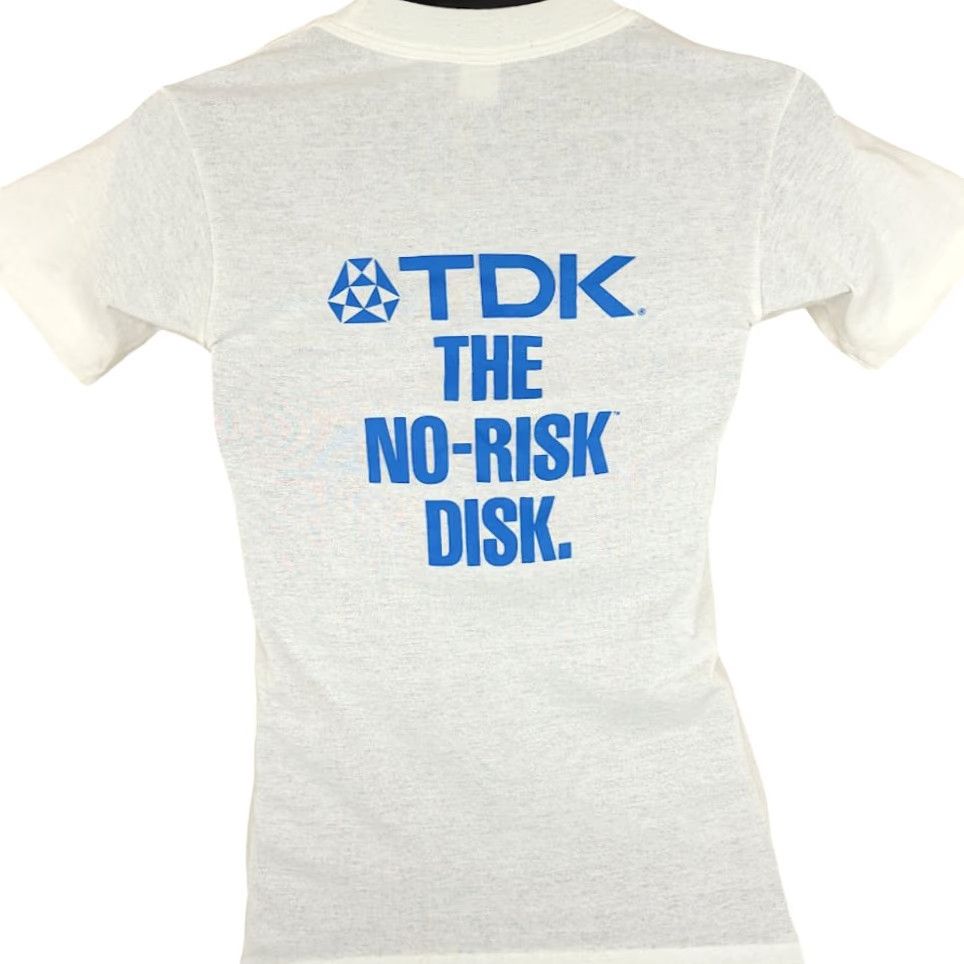 Vintage VINTAGE TDK No Risk Disk T Shirt Mens XS 80s Avoid A Bad Byte Made In USA White Cotton Blend Short Sleeve Crew Neck Tech 80s Mens XS Size US XS / EU 42 / 0 - 4 Thumbnail