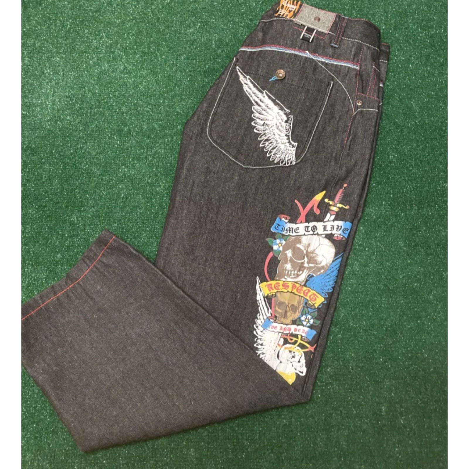 Vintage VINTAGE Russo Baggy Jeans Skater Grunge VTG Mens 42 X 32 Black Skull Tattoo Wings Wide-Leg Size US 42 / EU 58 - 6 Thumbnail