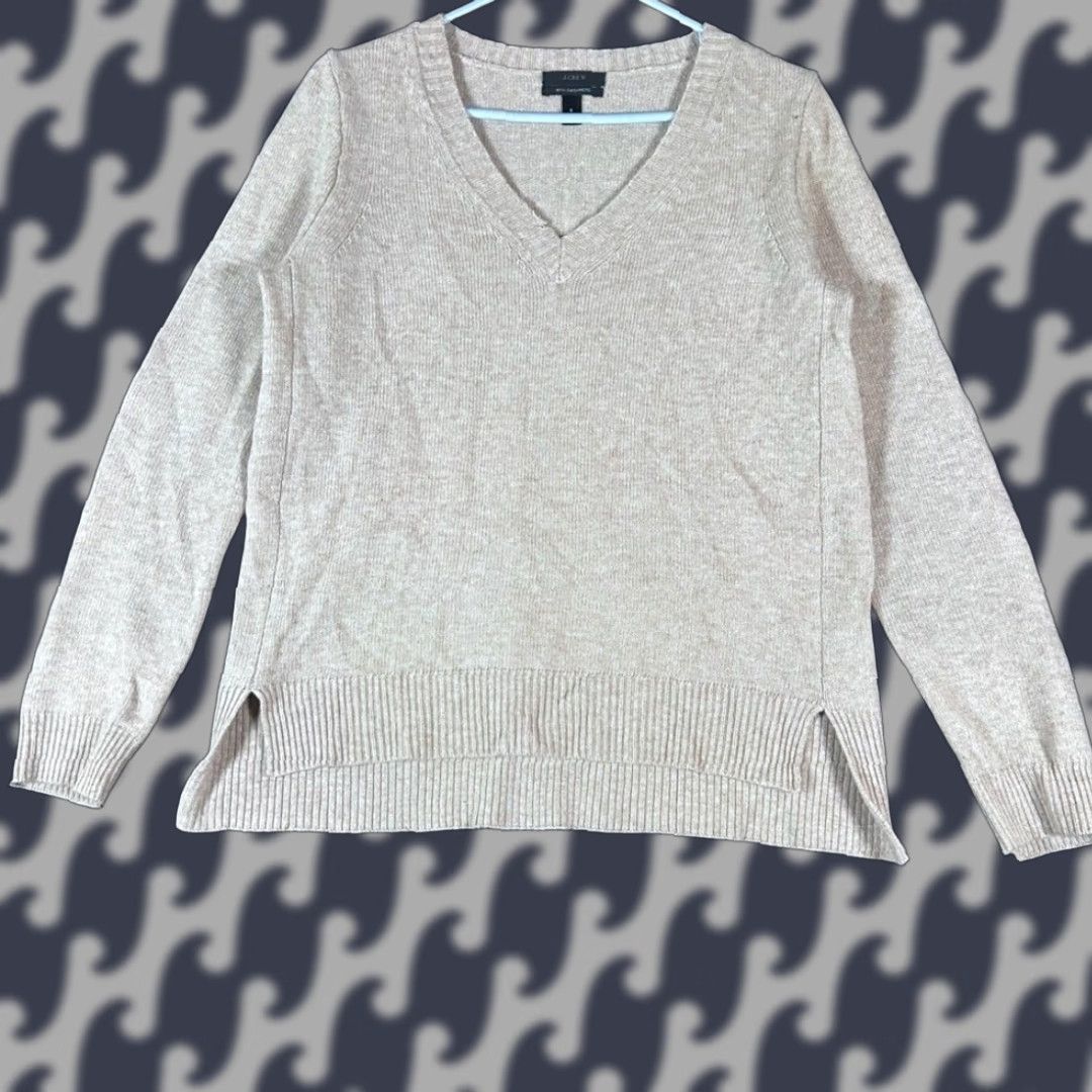 J.Crew J.Crew Womens Beige V-Neck Cashmere Blend Sweater Leather Elbow Patches Small M85 Shirt Women Soft Knit Size S / US 4 / IT 40 - 1 Thumbnail