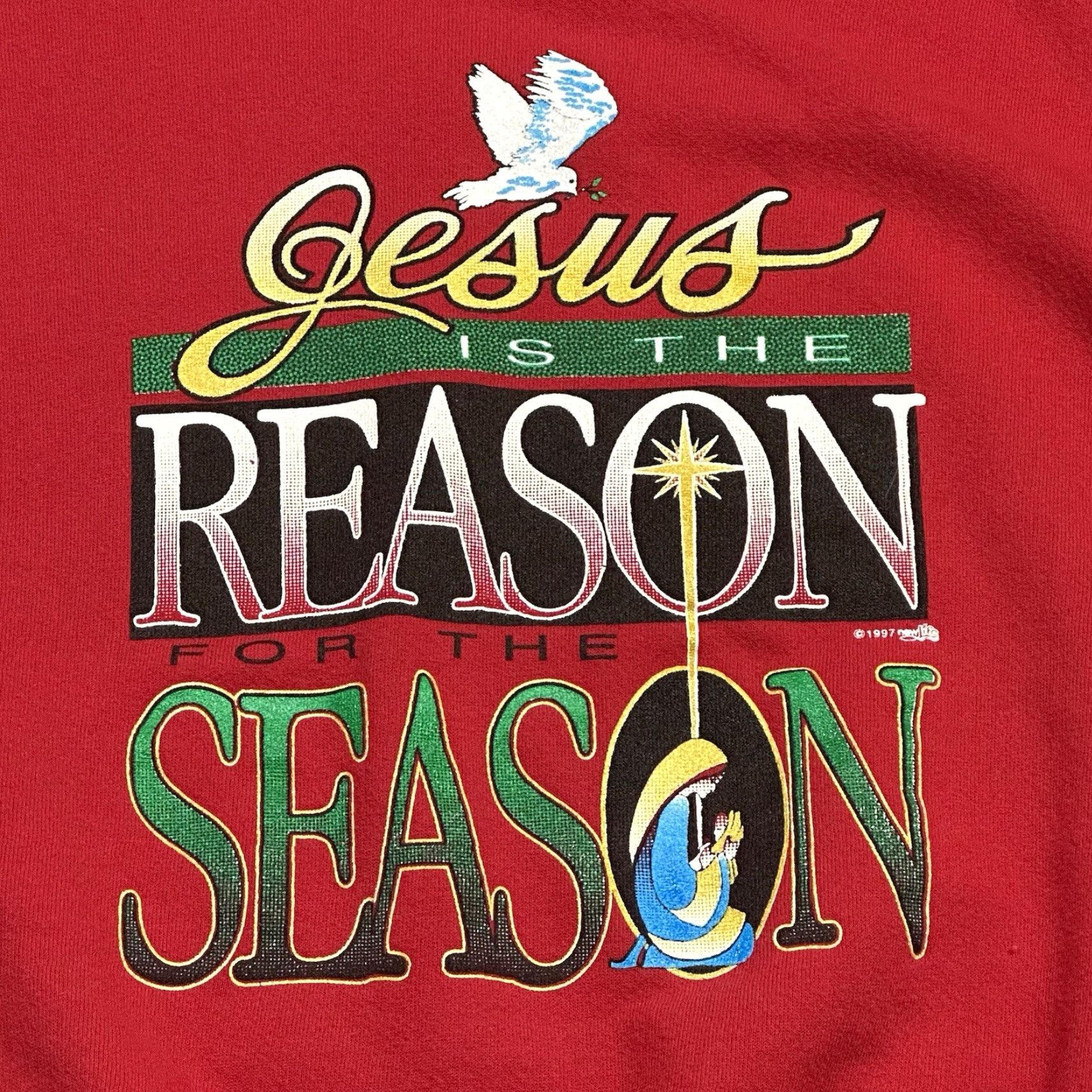 Lee VINTAGE Lee Christmas Jesus Is The Reason Red Cotton Sweater USA Made Sz Large Mens Pullover Knit Long Sleeve Fleece Graphic Print Size US L / EU 52-54 / 3 - 3 Thumbnail