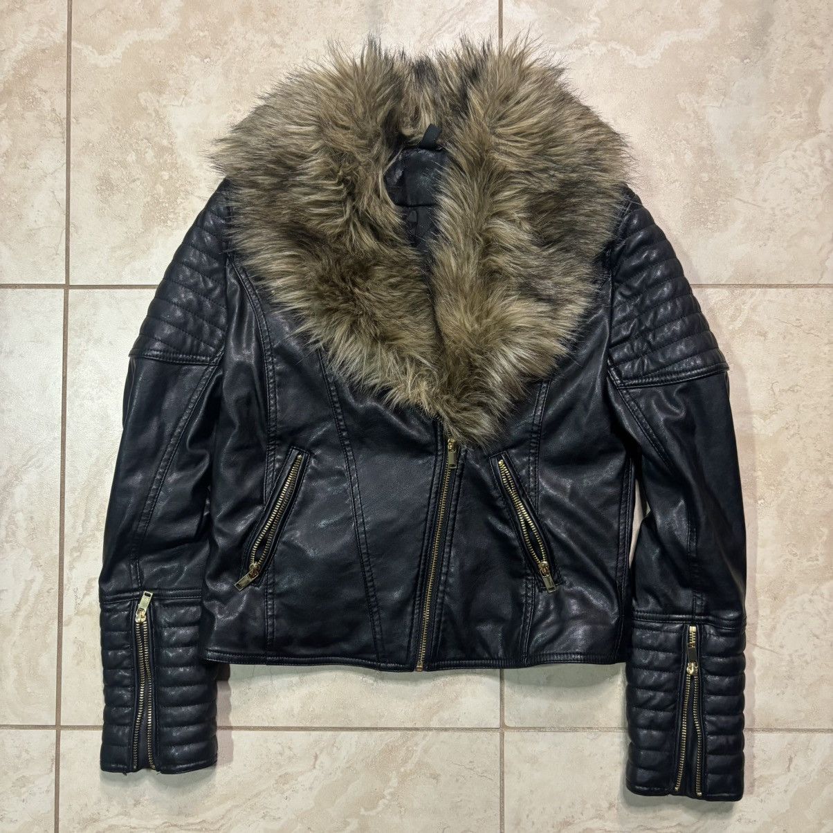 vtg divided balmain-style fur zip leather moto jacket