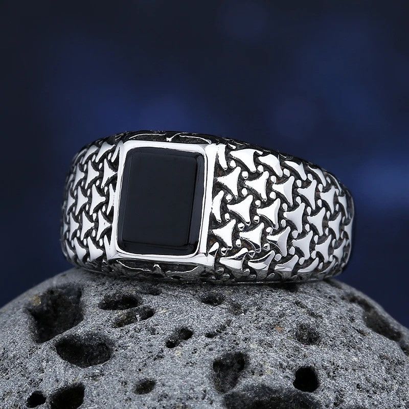 Jewelry Unique Stainless Steel Onyx Gemstone Rings Size ONE SIZE - 2 Thumbnail