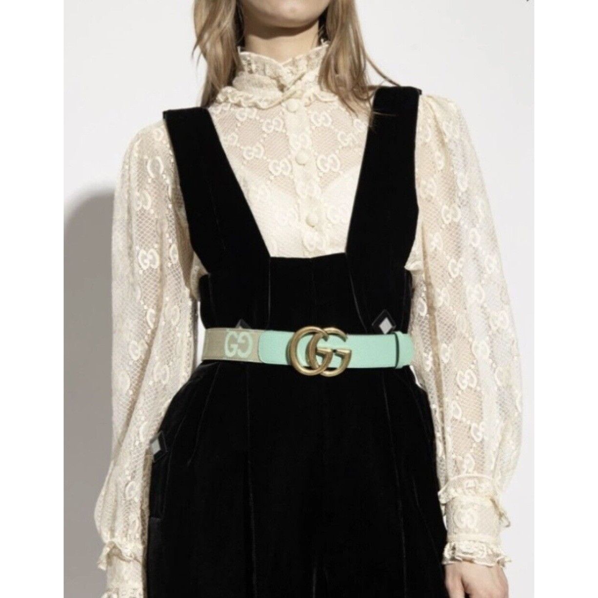 Gucci NEW Gucci GG Marmont Jumbo GG Belt Beige/Mint Size 85 inch 3 Size ONE SIZE - 10 Thumbnail