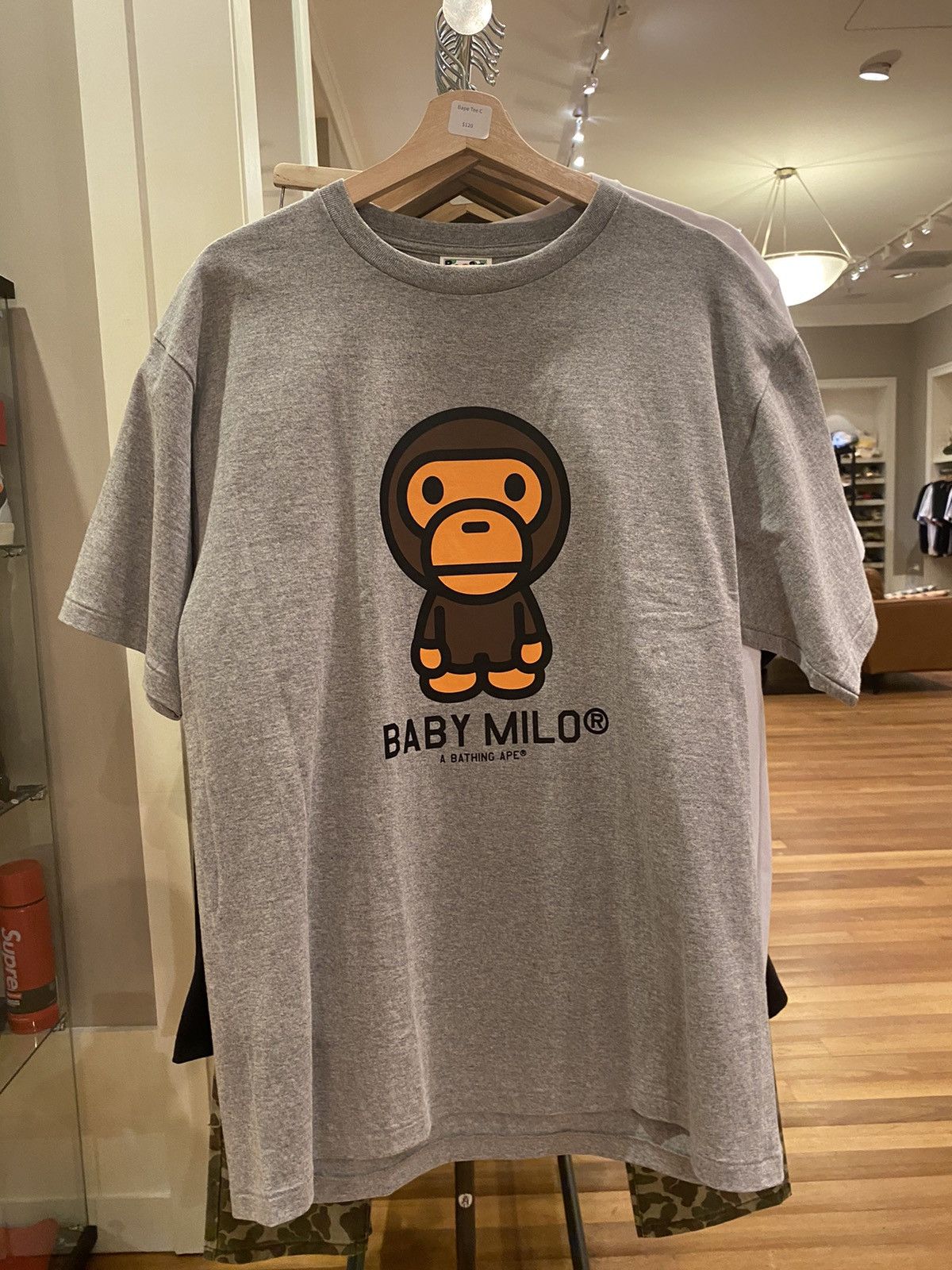 image of Bape Baby Milo Logo Tee in Grey, Men's (Size XL)