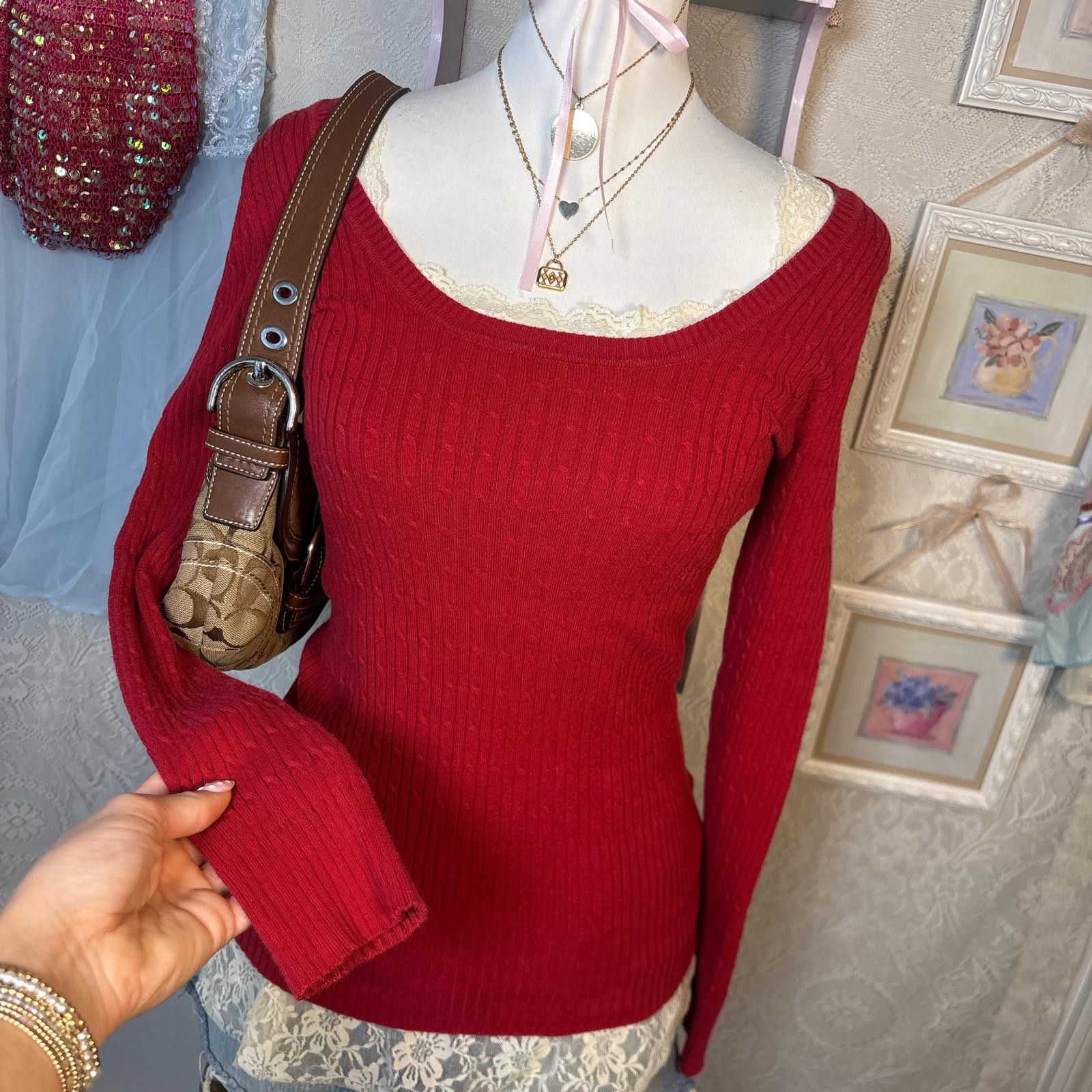 Other y2k elena gilbert red cable knit fitted sweater Size L / US 10 / IT 46 - 2 Thumbnail