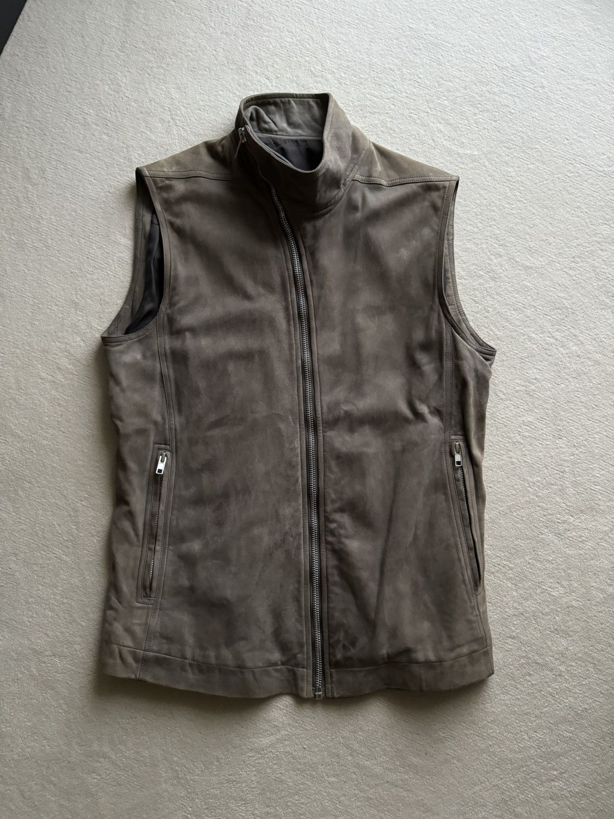 image of Rick Owens Sample Ss15 Faun Asymmetrical Leather Vest Dark Dust, Men's (Size Medium)