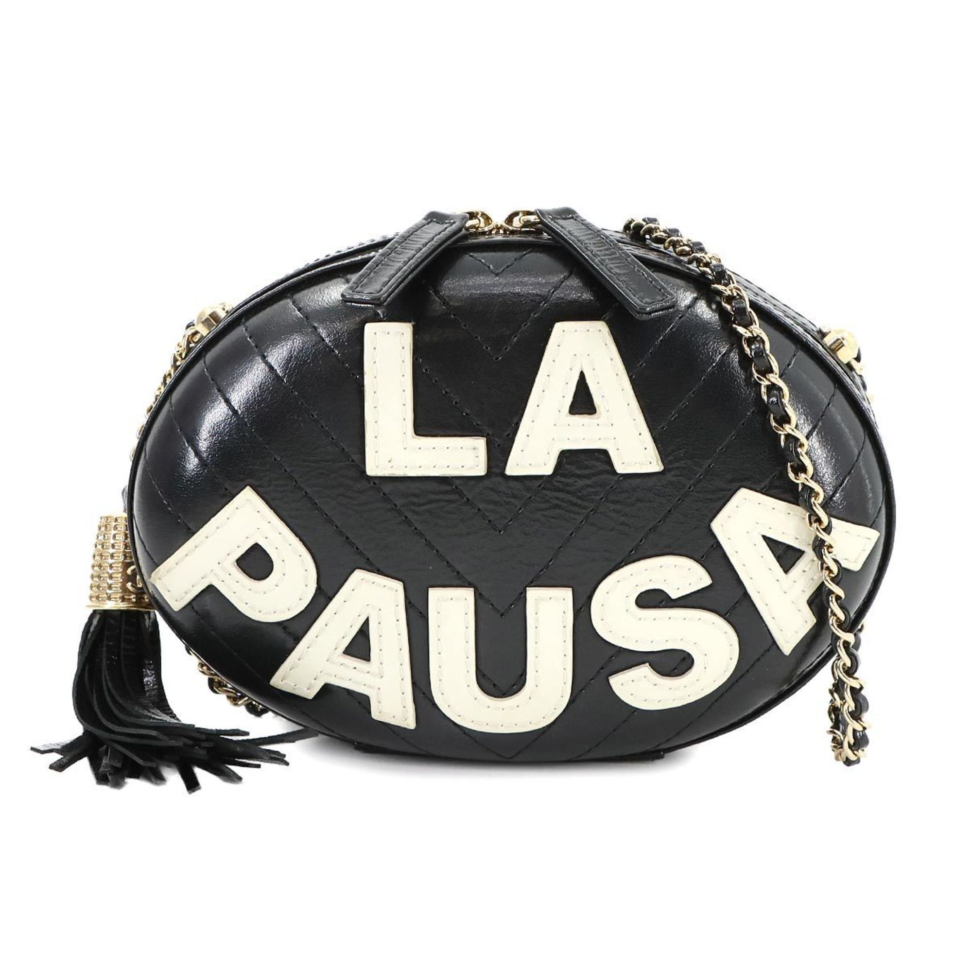 Chanel La Pausa Chain Shoulder Bag Leather Black White V Stitch Gold Metal Fittings, Women's