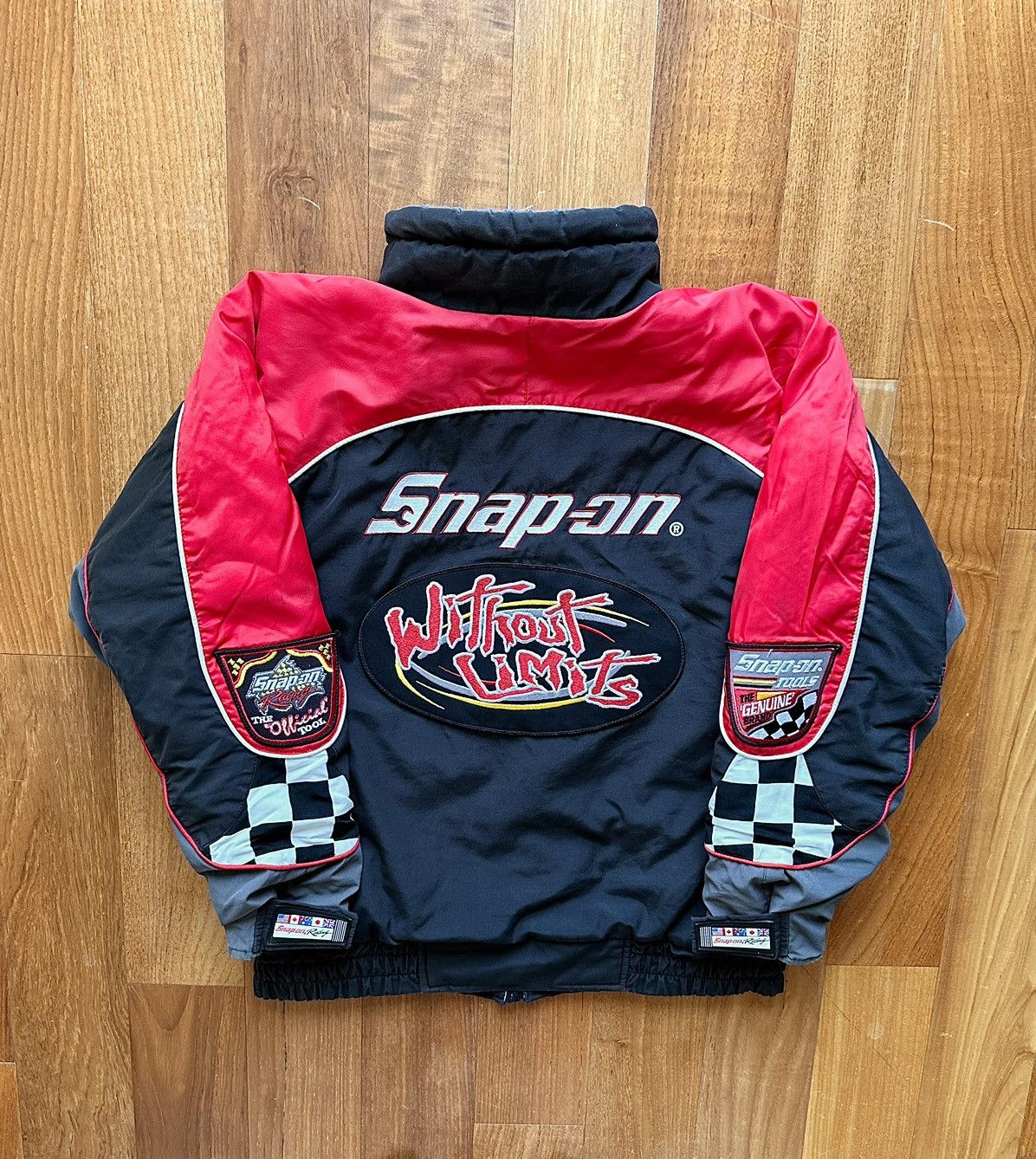 90's 入手困難 SNAP-ON レーシング スタジャン ボンバーJKT Snap-on 】希少 スナップオン レーシングジャケット 刺繍 XL 黒