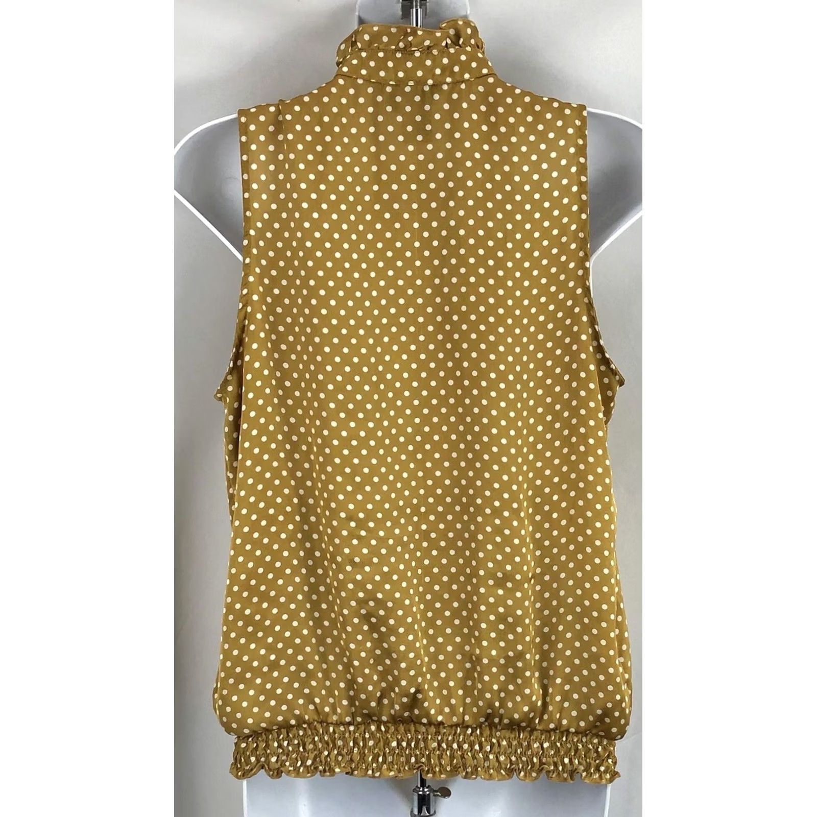 Vintage Jules Leopold Sleeveless Satin Top M Gold Polka Dot Ruffle Mock Neck Bow Smocked Blouse Womens Size M / US 6-8 / IT 42-44 - 3 Thumbnail