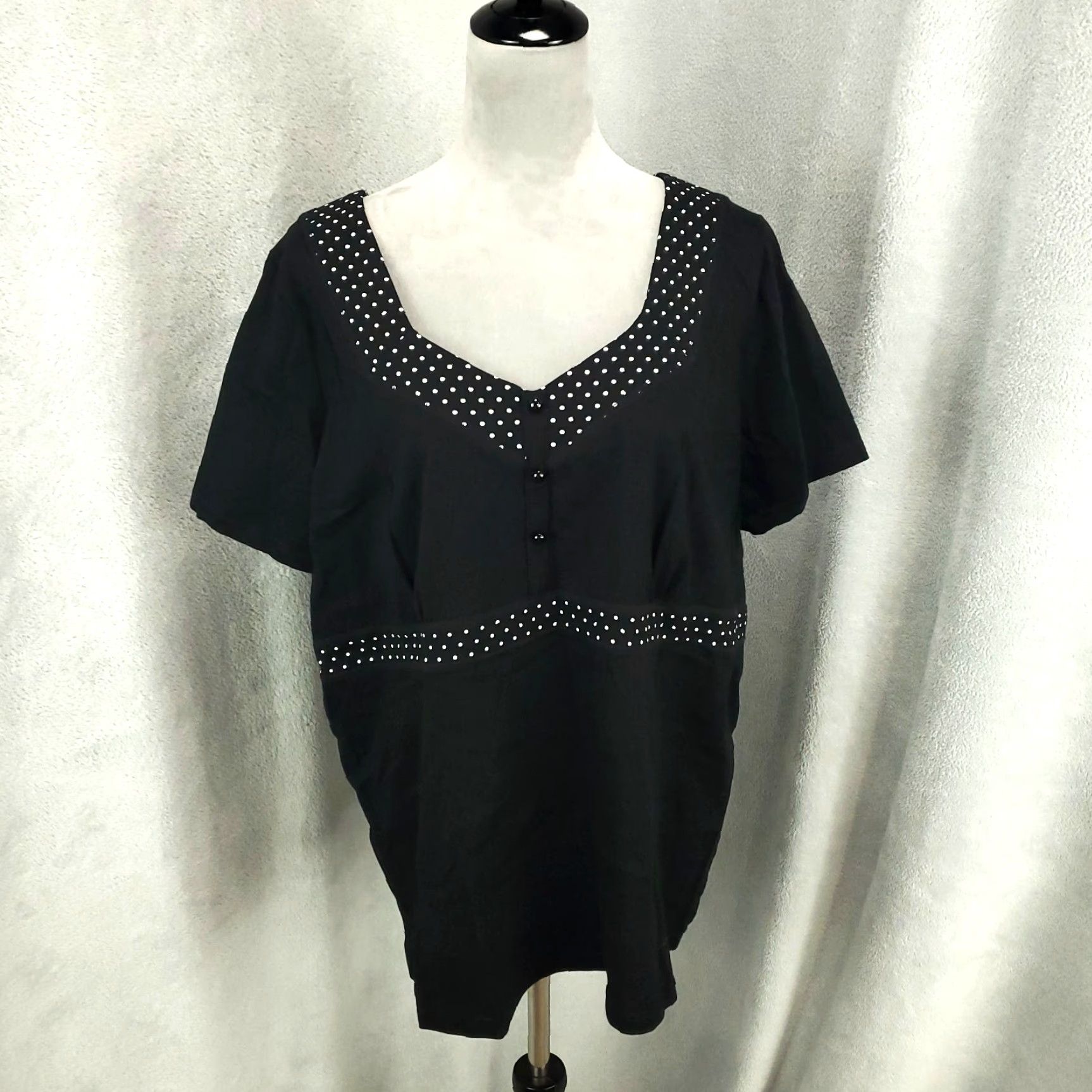 Denim & Co. Denim & Co Top Womens 1X Polka Dot Sweetheart Neckline V Neck Blouse Casual Knit Cotton Spandex Black for Women Plus Size 1X - Denim & Co. Size XL / US 12-14 / IT 48-50 - 2 Thumbnail