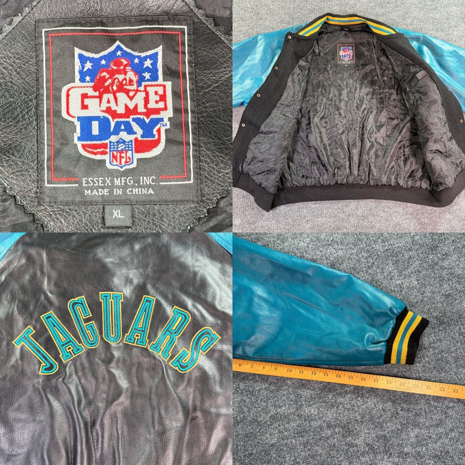 NFL VINTAGE Jacksonville Jaguars Varsity Jacket Mens XL Black Teal Leather Wool Logo Snap-Front Embroidered Rugby Character? Size US XL / EU 56 / 4 - 9 Thumbnail