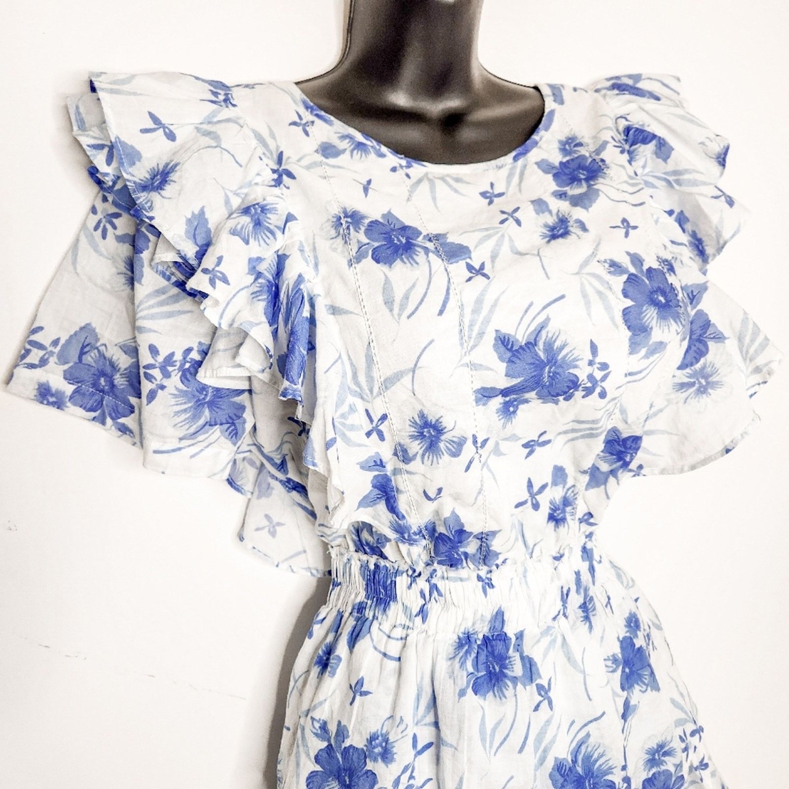 LoveShackFancy LoveShackFancy White Blue Floral Natasha Mini Ruffle Dress S Size S / US 4 / IT 40 - 3 Thumbnail