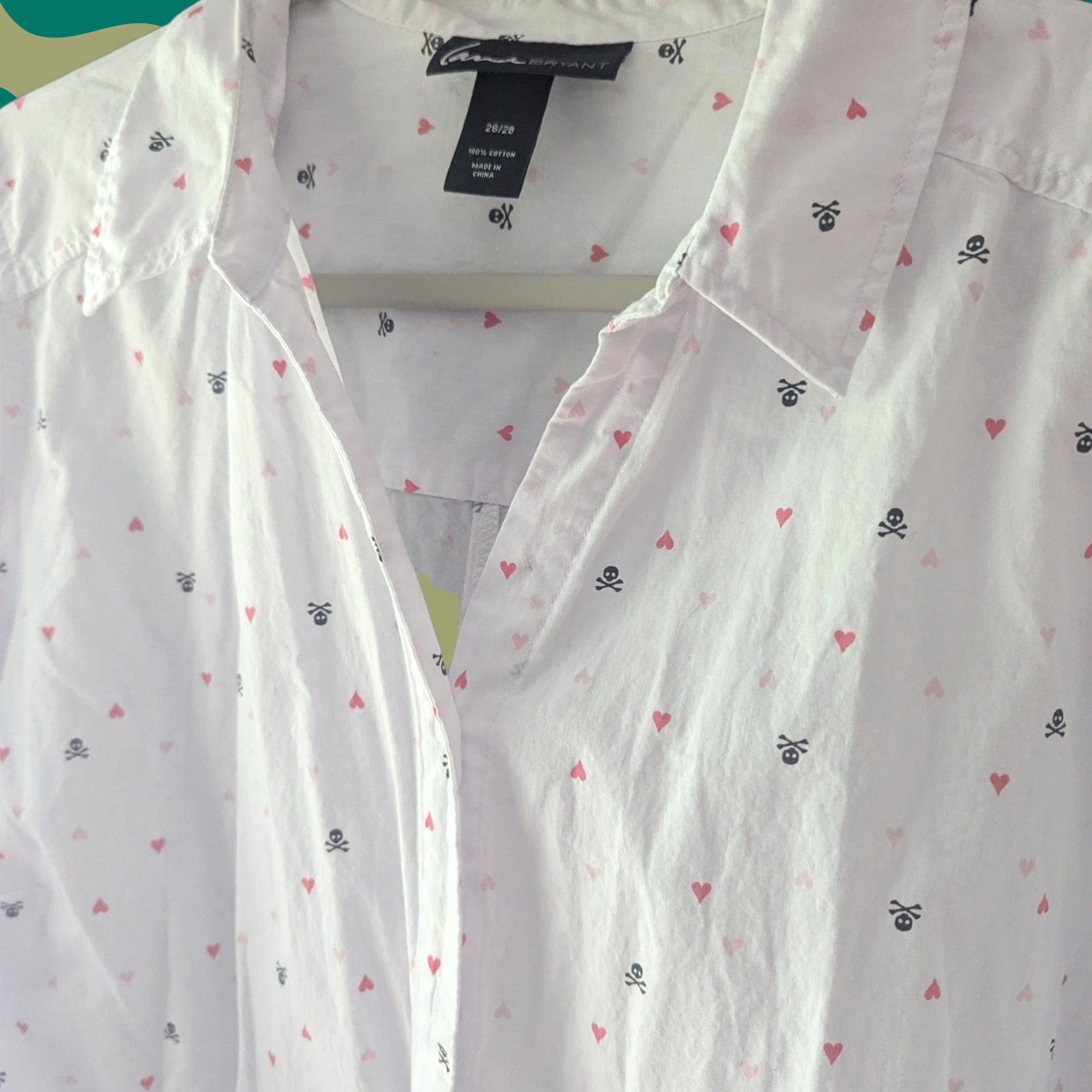 Vintage Lane Bryant Tunic Top Plus 26W White Button-Up Skull & Crossbones Hearts Print Cotton Long Sleeve Casual Workwear Womens Size 4XL / US 24-26 - 1 Thumbnail