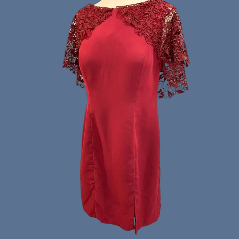 Vintage A.W. Bridal Dress Sheath Size 14 Women Long Burgundy Red Lace Overlay Sleeve Dark Red Wine Burgundy Size XL / US 12-14 / IT 48-50 - 1 Thumbnail