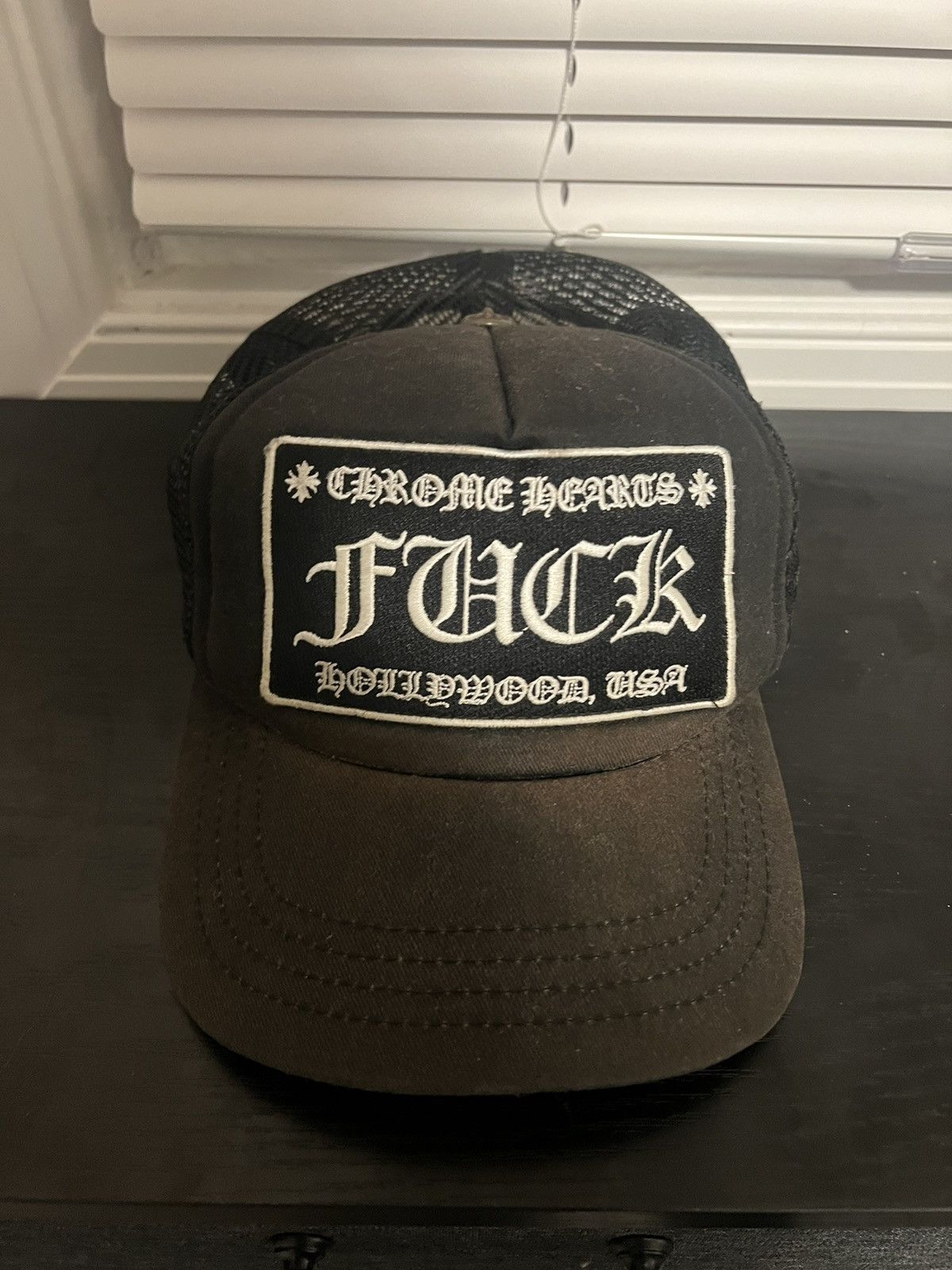 image of Chrome Hearts Fck Trucker Hat in Black, Men's