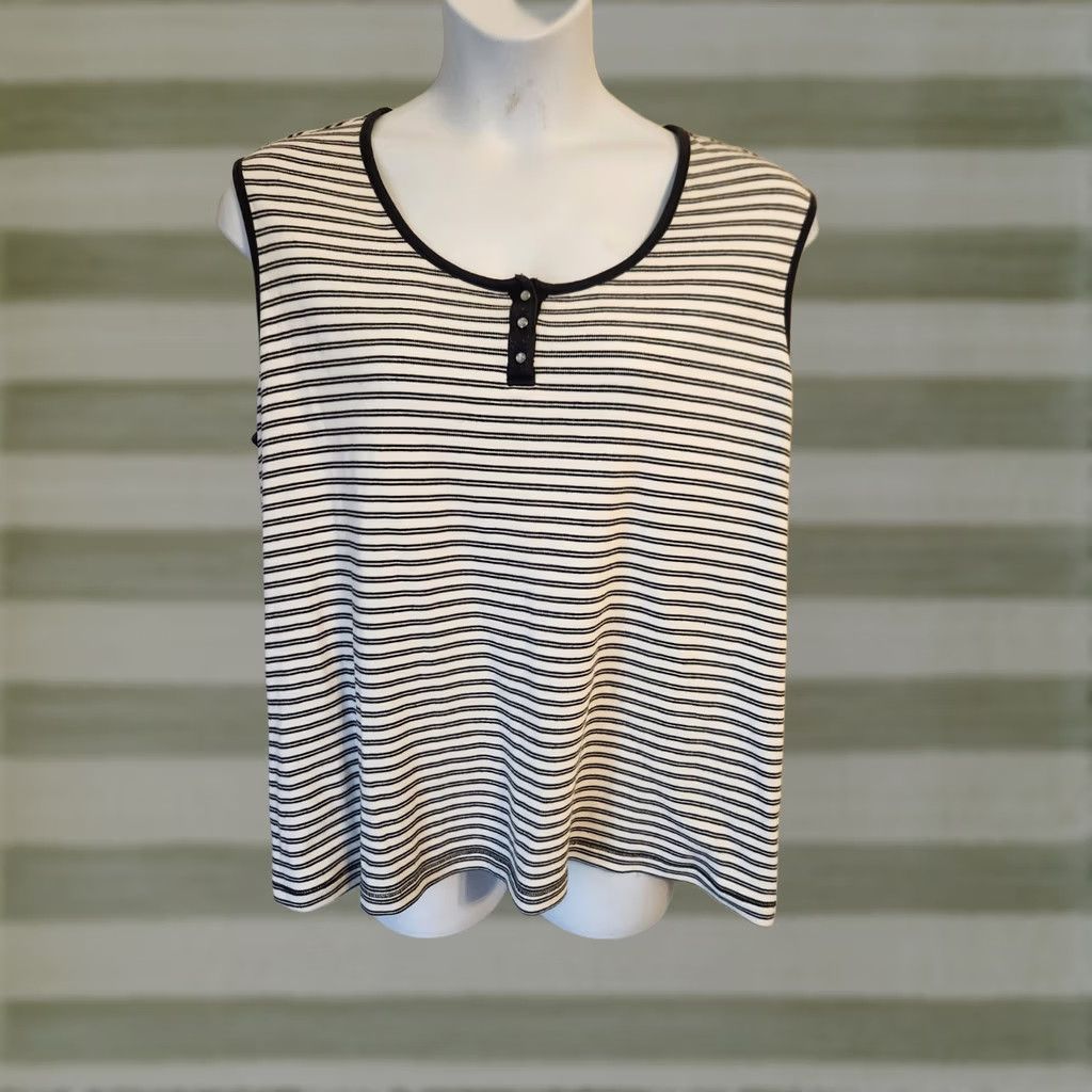 Vintage CB Casual White Black Stripe Sleeveless Henley Top Shirt 3X Plus Women XS? Size XXL / US 16-18 / IT 52-54 - 1 Thumbnail