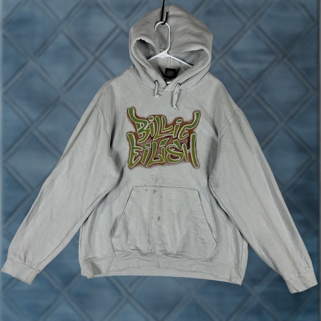 Vintage BILLIE EILISH Hoodie Mens Unisex XXL White Graphic Print STAINED Airbrush Flames Crew Hooded Pocket Size US XXL / EU 58 / 5 - 1 Thumbnail