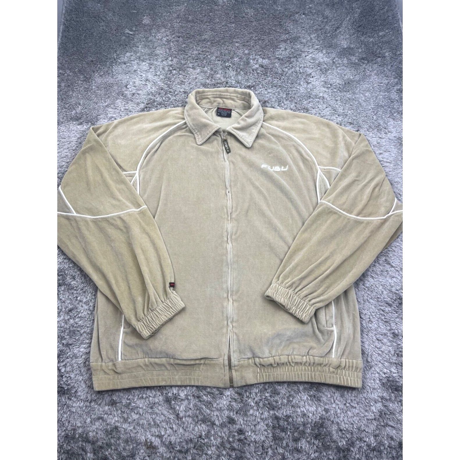 image of Vintage Fubu Jacket Mens 2Xl Beige Velvet Corduroy Full Zip Hip Hop Y2K Coat in White