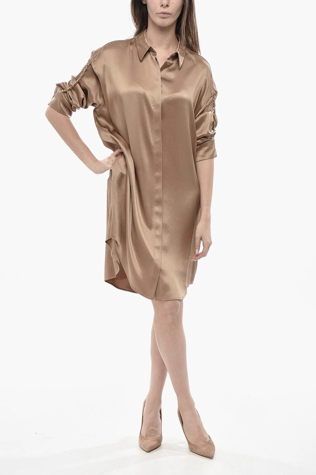 Loewe og1mm0426 Silk Satin Shirtdress in Brown Size M / US 6-8 / IT 42-44 - 1 Thumbnail