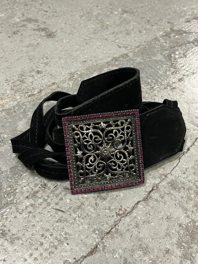 Designer × Roberto Cavalli × Vintage 2000s Roberto Cavalli Square Paved Relic Buckle Frange Suede Leather Belt Size ONE SIZE - 7 Thumbnail