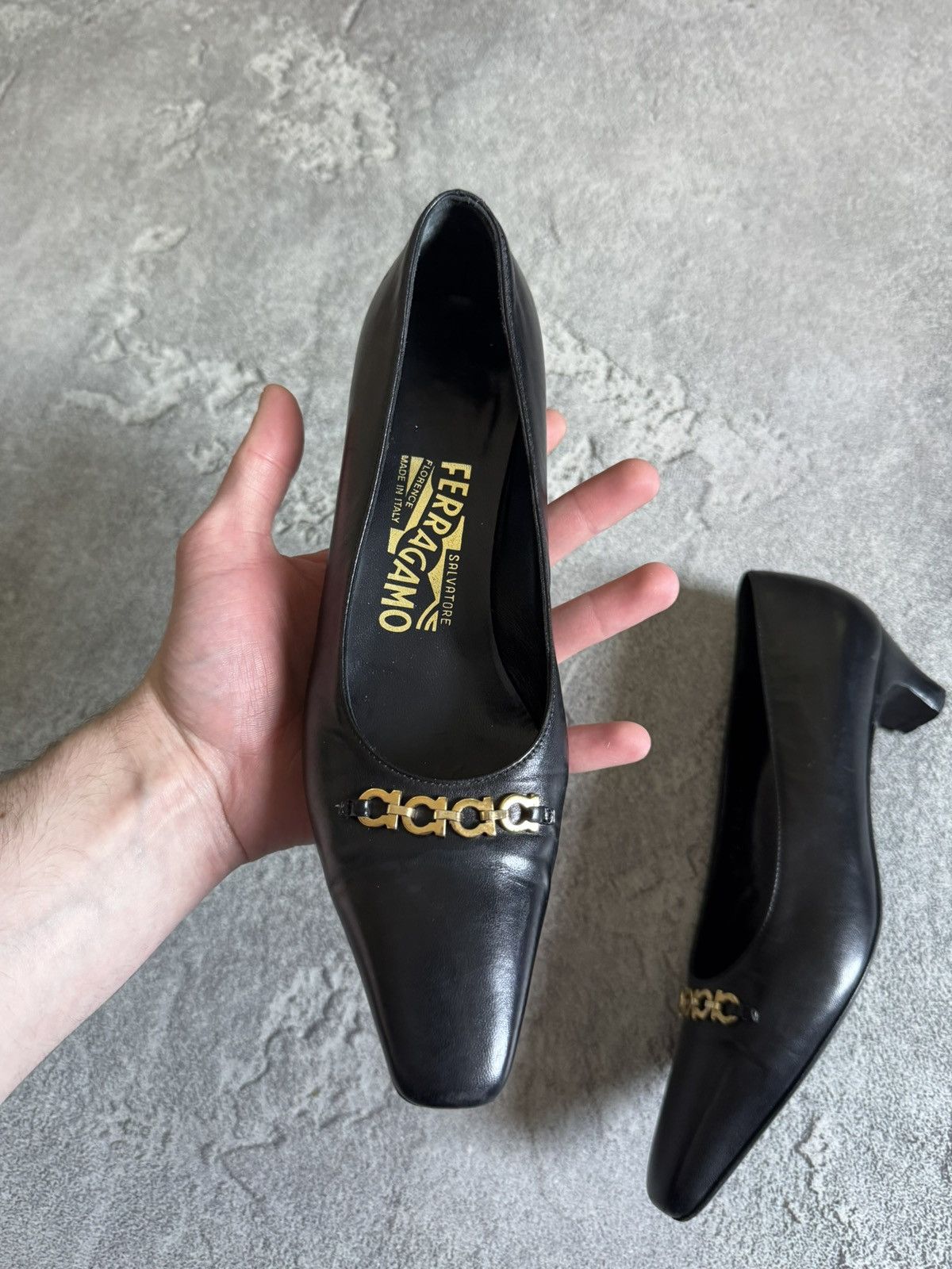 Salvatore Ferragamo Salvatore Ferragamo black leather short heels 👠 gold detail Size US 6 / IT 36 - 6 Thumbnail