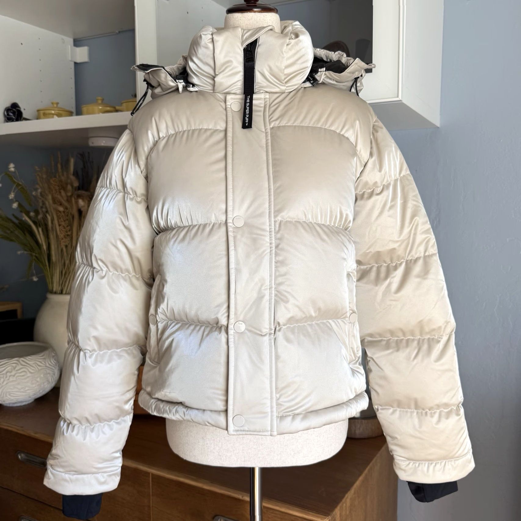 Aritzia The Super Puff Shorty Liquid Shine Birch Down Cropped Puffer Jacket XS Women