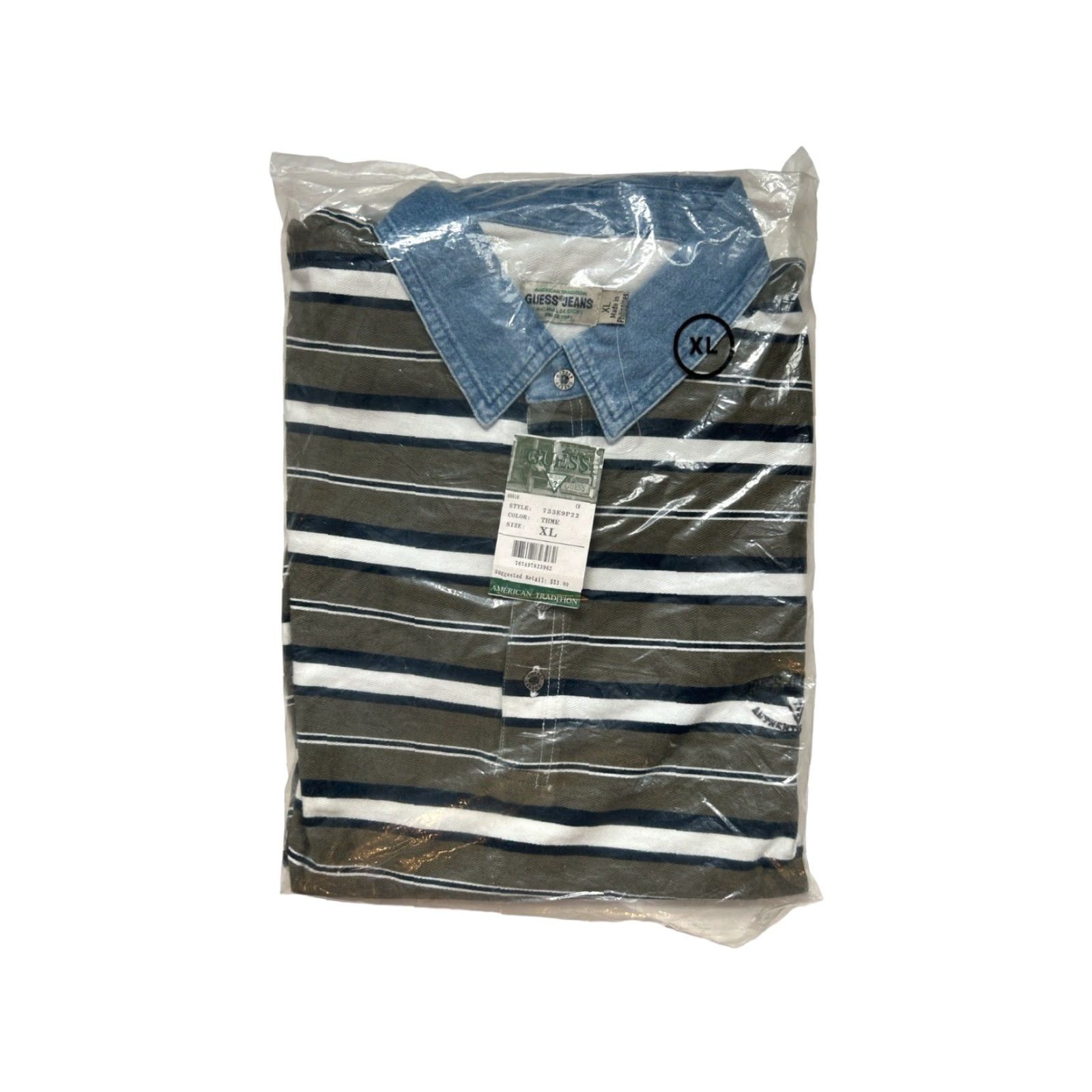 Guess VINTAGE GUESS POLO Shirt Mens XL Deadstock NWT 90s NOS Striped Olive Green Navy Blue White Embroidered Chest Logo Denim Collar Short Sleeve Size US XL / EU 56 / 4 - 3 Thumbnail