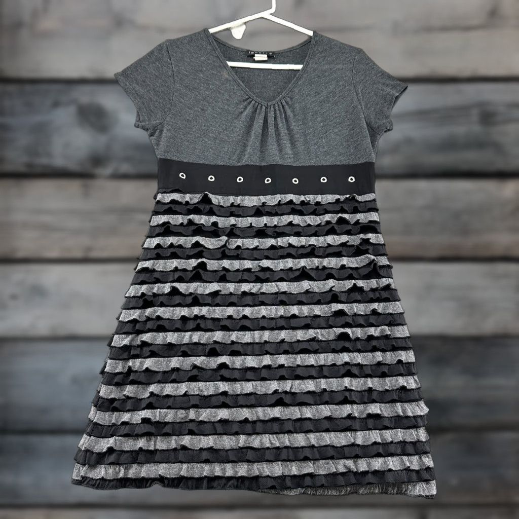 Vintage VINTAGE Janeric Dress Womens M Grey Tiered Ruffle Striped Midi A-Line Dress Y2K Size M / US 6-8 / IT 42-44 - 1 Thumbnail