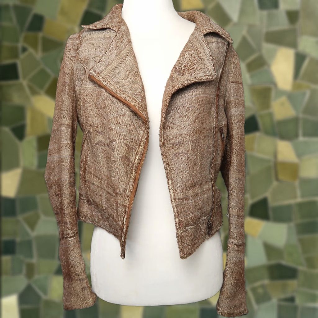 VINTAGE Free People Jacket Women Crop Moto Brown White Textured Short 0 Cotton Blend Zip Womens