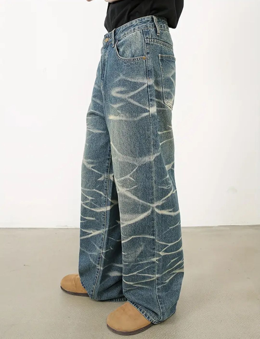 Retro Loose Straight Leg Wave Fade Denim Jeans