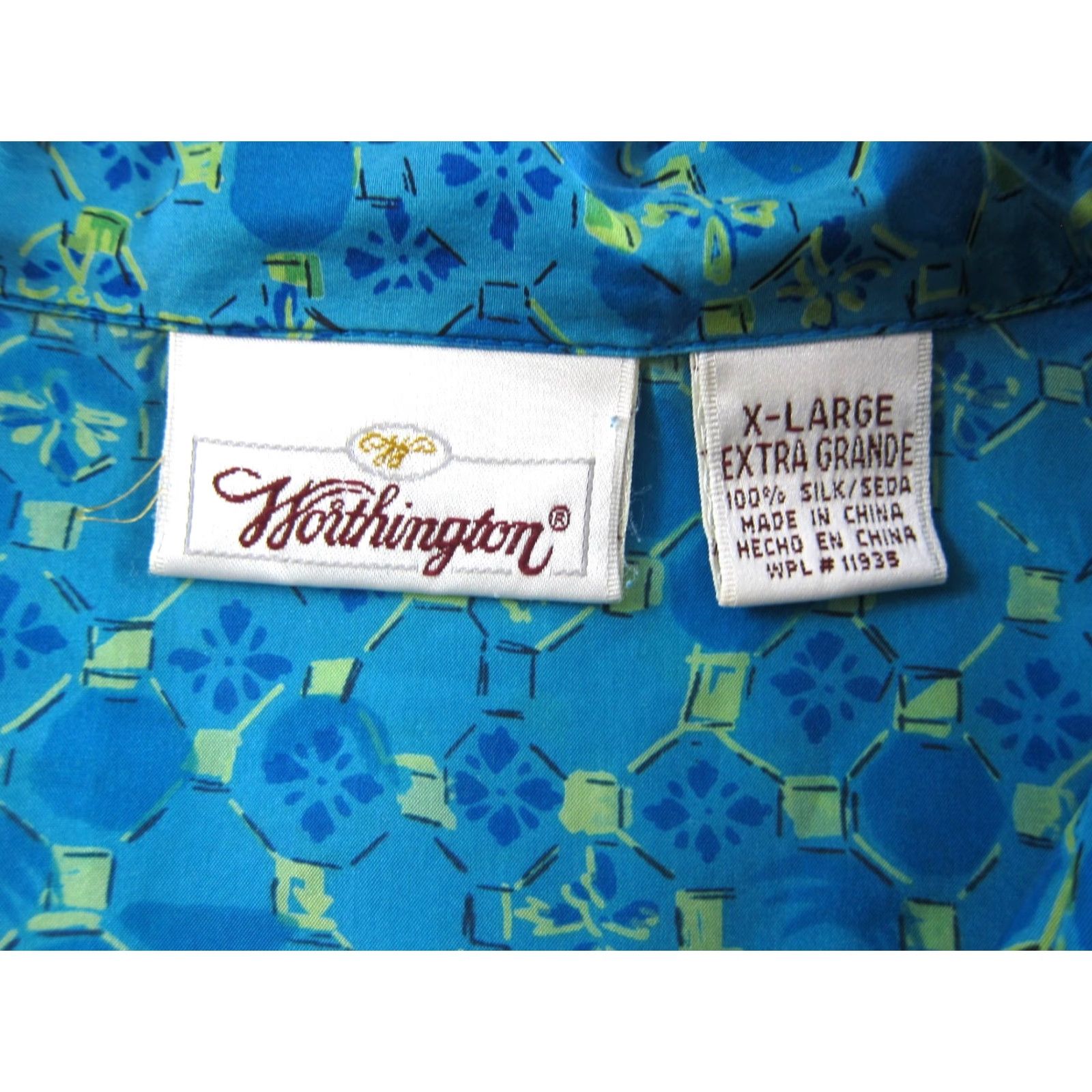 Worthington VINTAGE Worthington 100% Silk Blue Yellow Green Short Sleeve Collared Blouse Women XL Size XL / US 12-14 / IT 48-50 - 3 Thumbnail