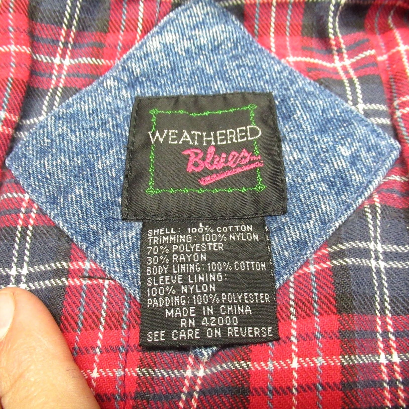 Denime VTG Weathered Denim Jacket Women Large Blue Acid Wash Plaid Lined Hooded 80s Size L / US 10 / IT 46 - 4 Thumbnail