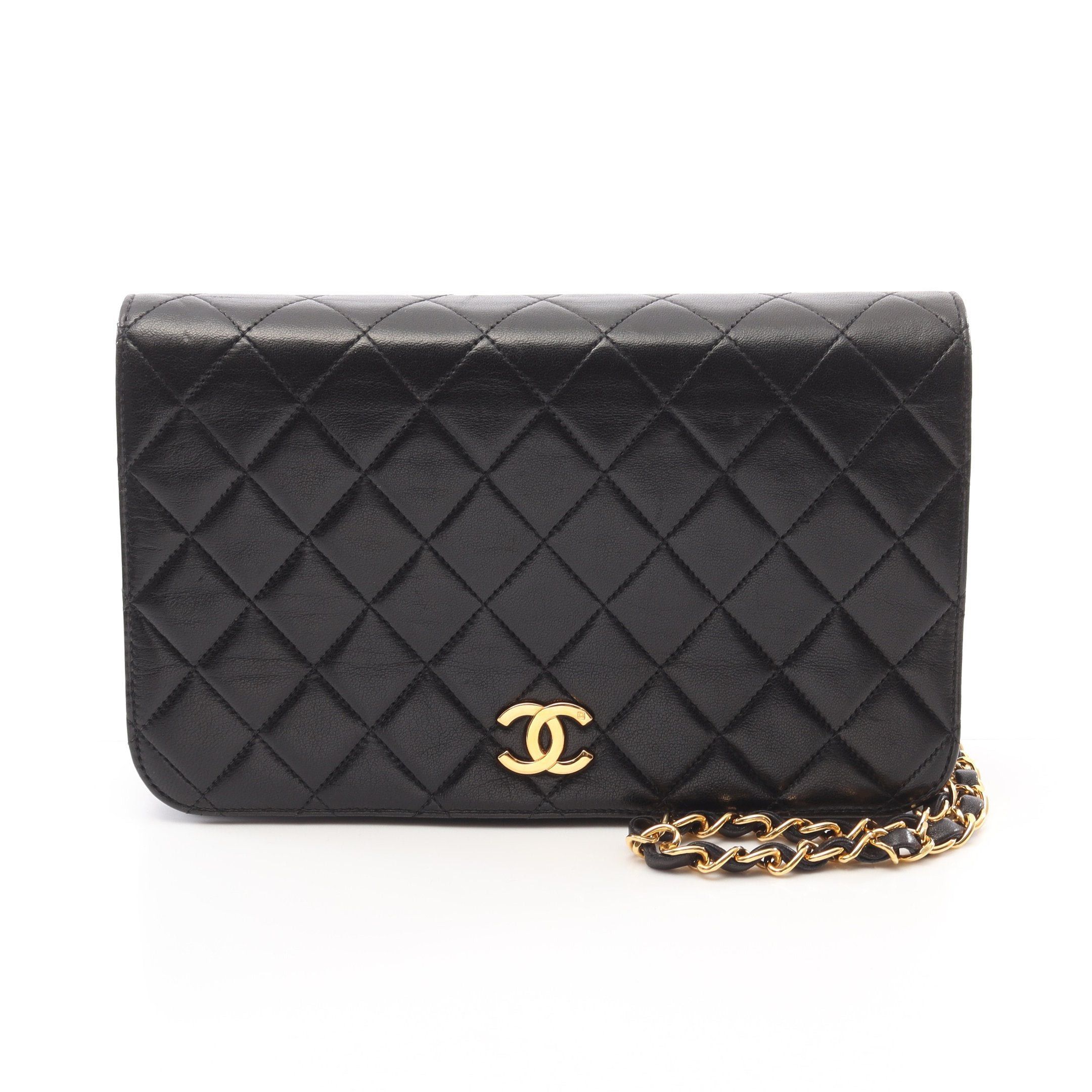 Chanel Matelasse Single Flap Chain Shoulder Bag Lambskin Black Gold Hardware Push Lock