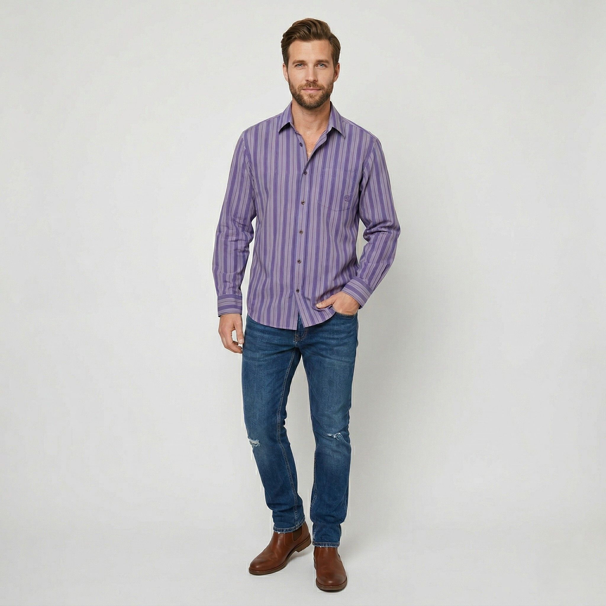Timberland Timberland Men M Casual Shirt Purple Striped Cotton 0777 Size US M / EU 48-50 / 2 - 1 Thumbnail