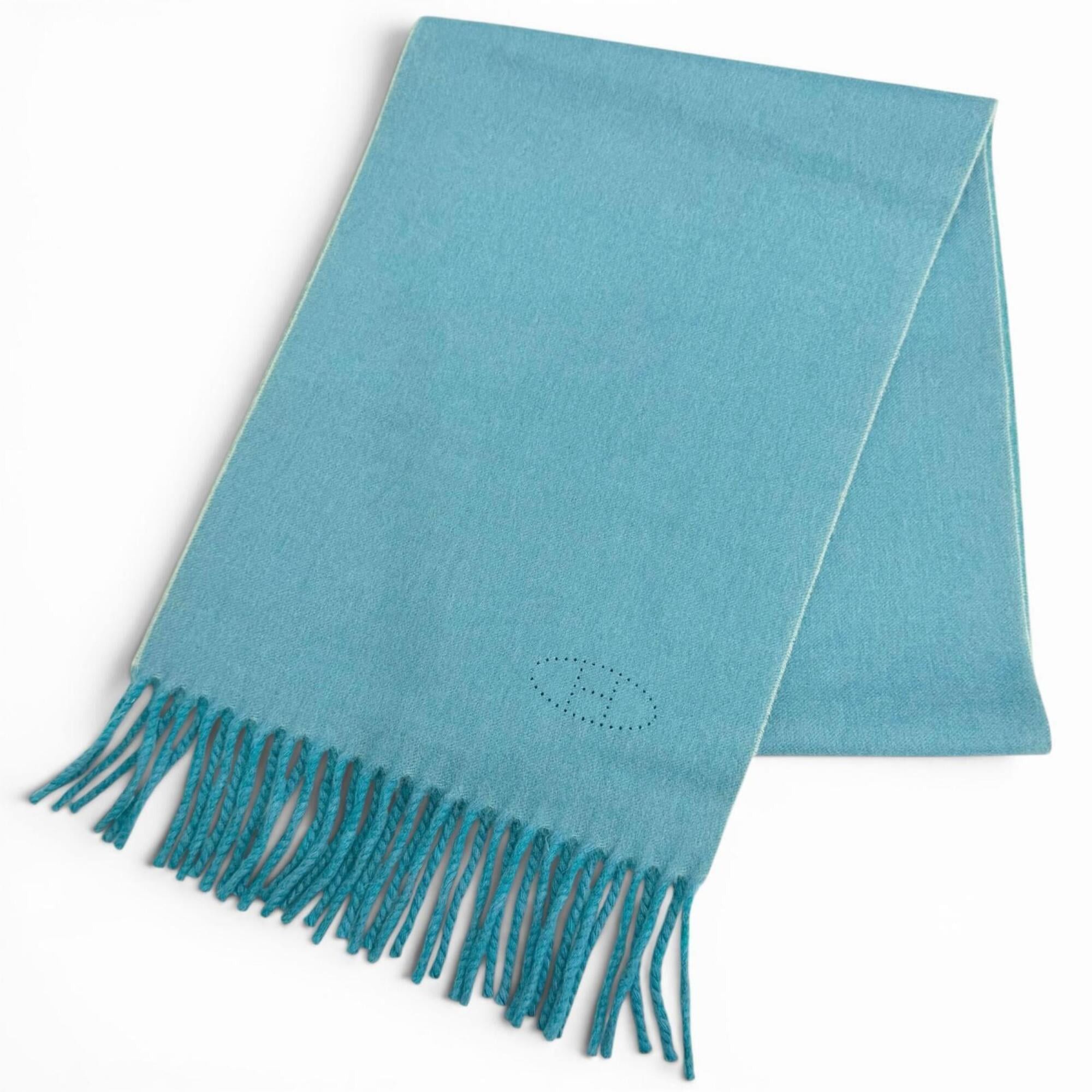 Hermes HERMES 100% Cashmere Blue Turquoise Evelyn H Logo Fringe Bicolor Stole/Scarf, Made in Italy, Women's, with Box. Size ONE SIZE - 1 Thumbnail