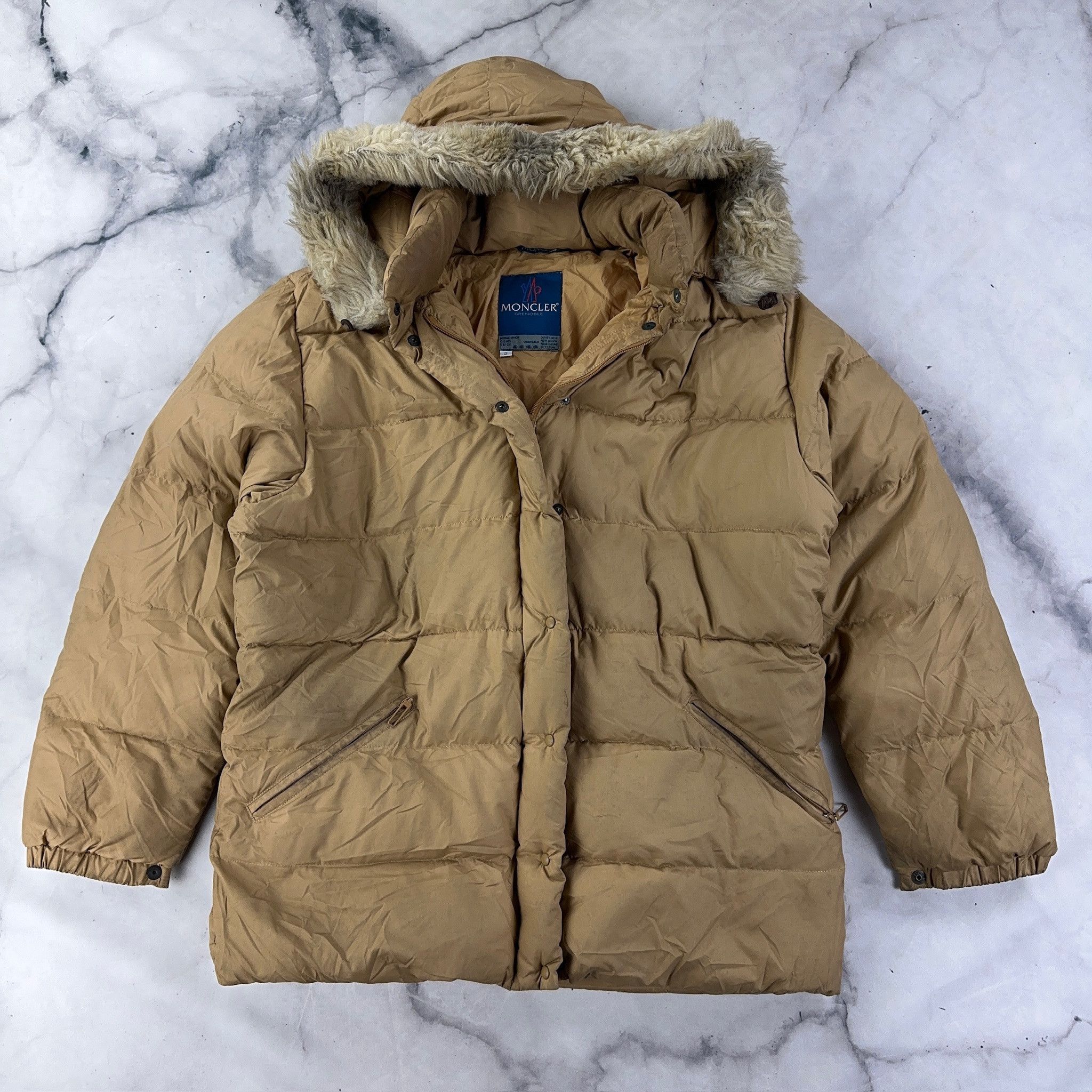 Moncler Moncler Beige Down Jacket with Faux Fur Trim - Size