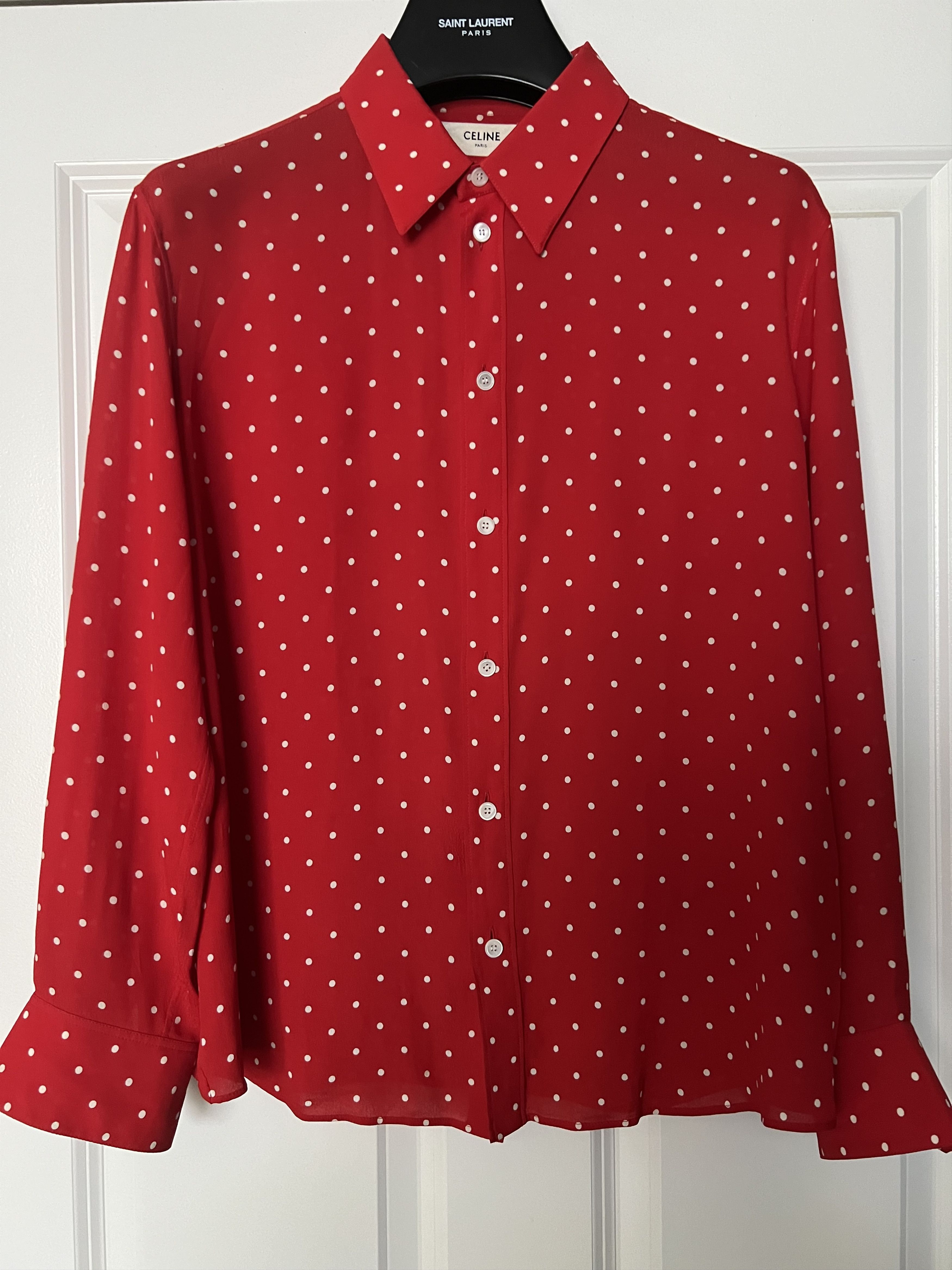 Celine × Hedi Slimane Celine Red Silk White Polka Dot Shirt Size M / US 6-8 / IT 42-44 - 1 Thumbnail
