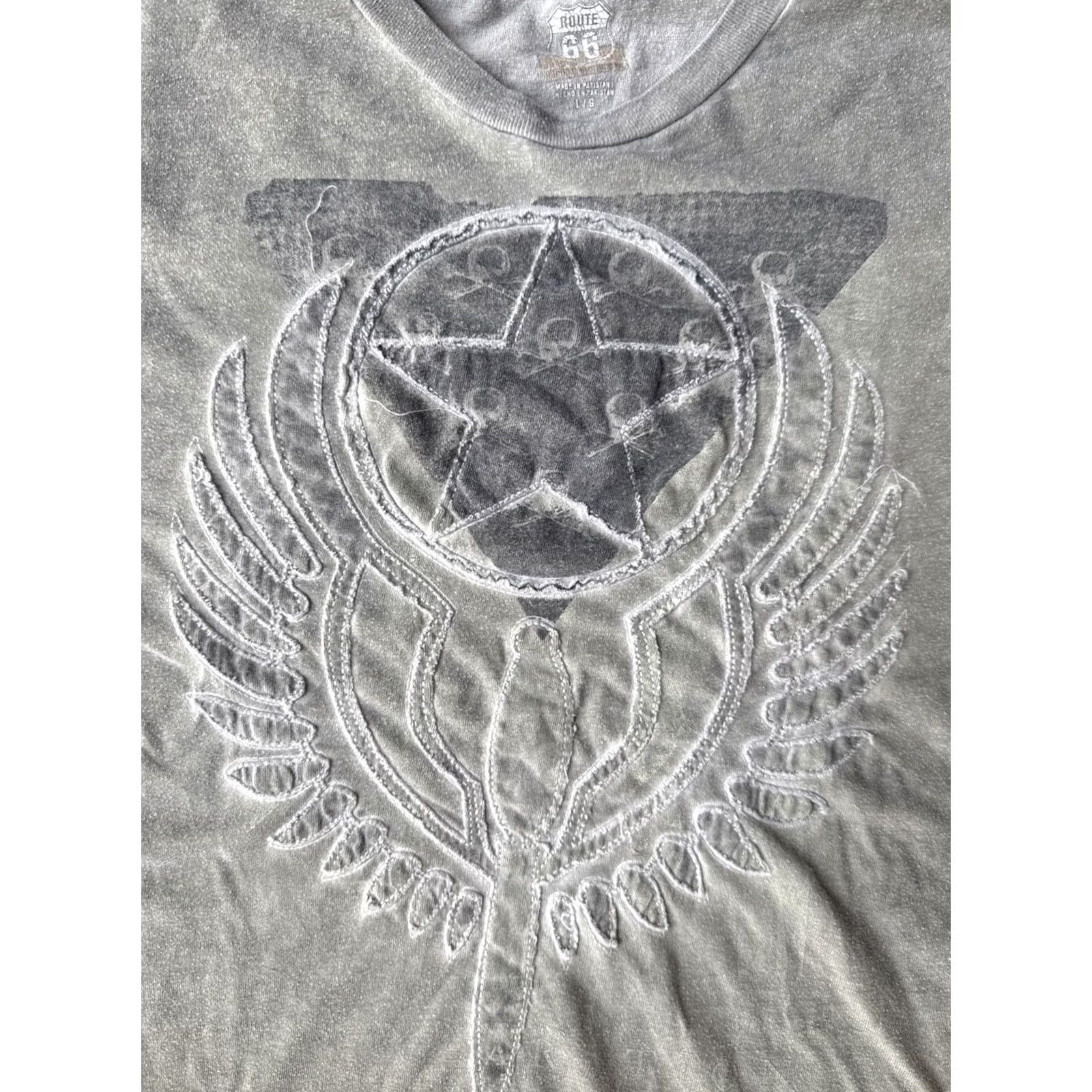 Route 66 VINTAGE Route 66 T-Shirt Mens L Gray Y2K Star Embroidered Cyber 90s Retro Skater Pattern Striped Short Sleeve Crew Neck Knit Cotton◇ Size US L / EU 52-54 / 3 - 5 Thumbnail
