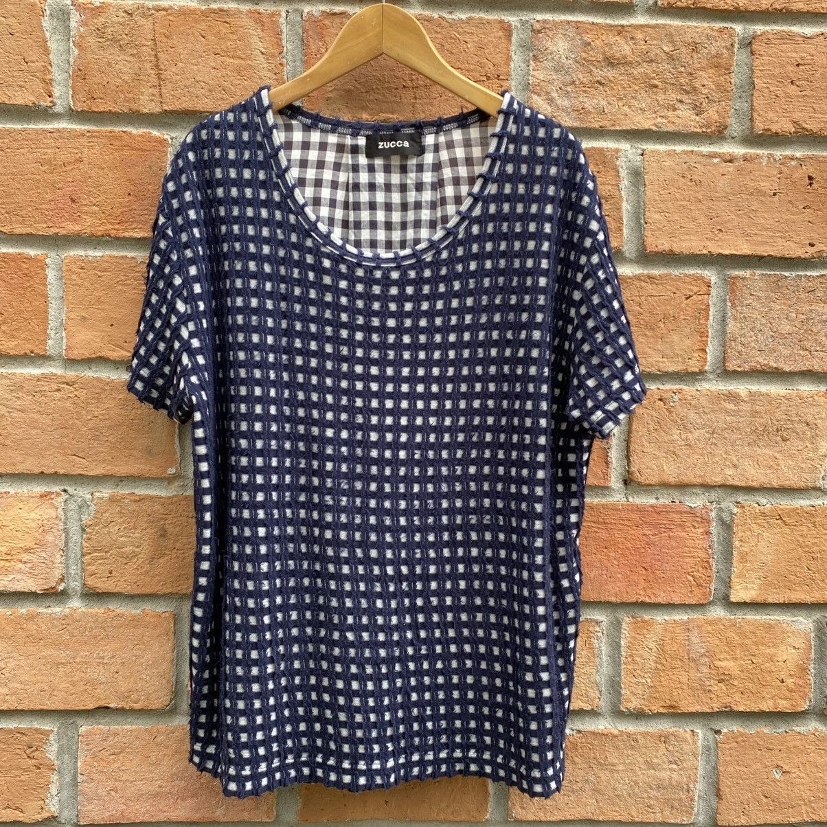 Zucca Zucca Navy Textured Grid Front Top with Sheer Back Panel Size M / US 6-8 / IT 42-44 - 2 Thumbnail