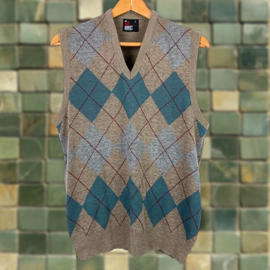 Vintage VINTAGE Robert Bruce 70s Orlon Acrylic Argyle V-Neck Sweater Vest Mens Large Brown Size US L / EU 52-54 / 3 - 1 Thumbnail